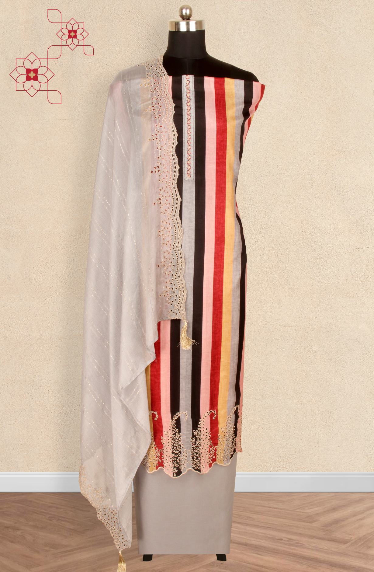 Multi-coloured Cotton Silk Unstitched Salwar Kameez with Chiffon Dupatta - KAR1621B