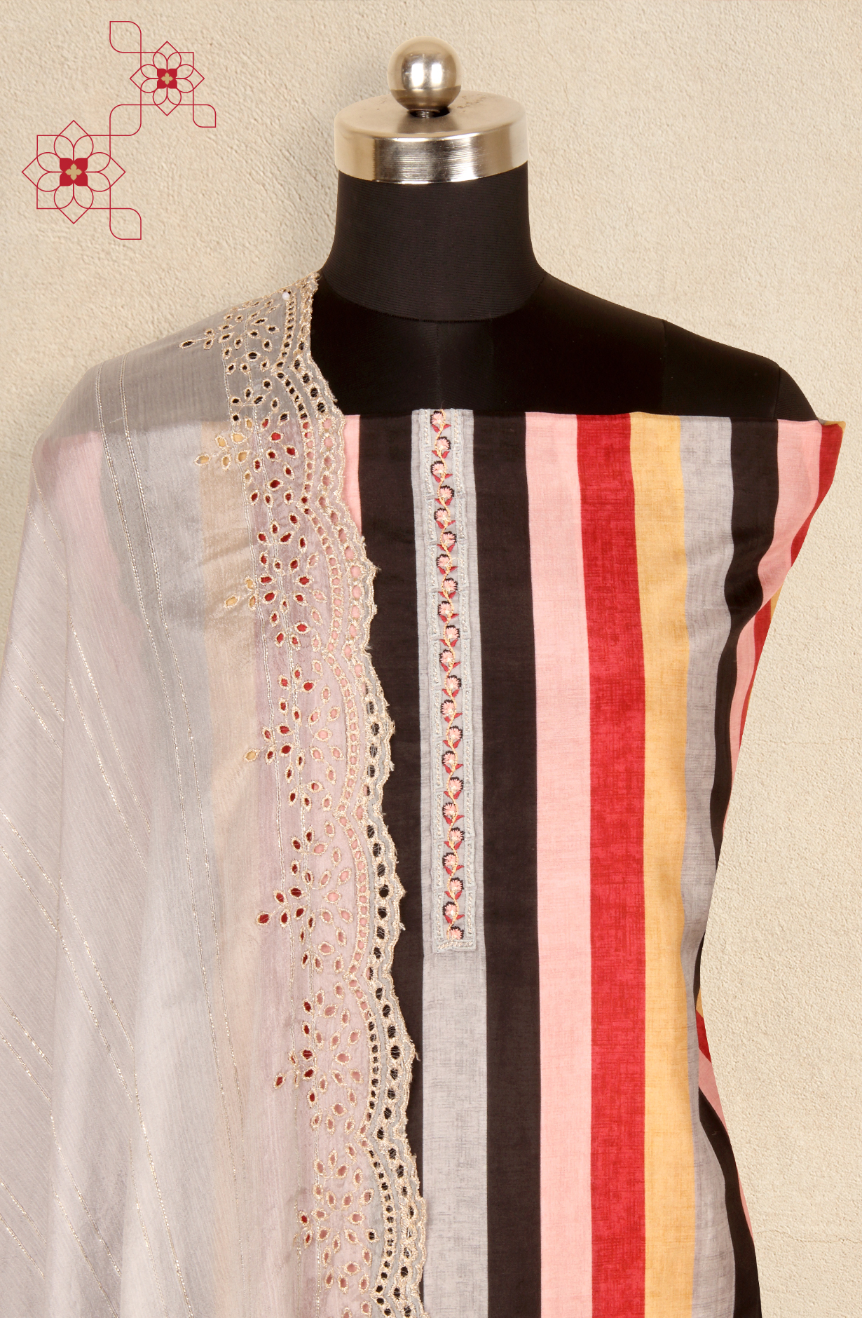 Multi-coloured Cotton Silk Unstitched Salwar Kameez with Chiffon Dupatta - KAR1621B