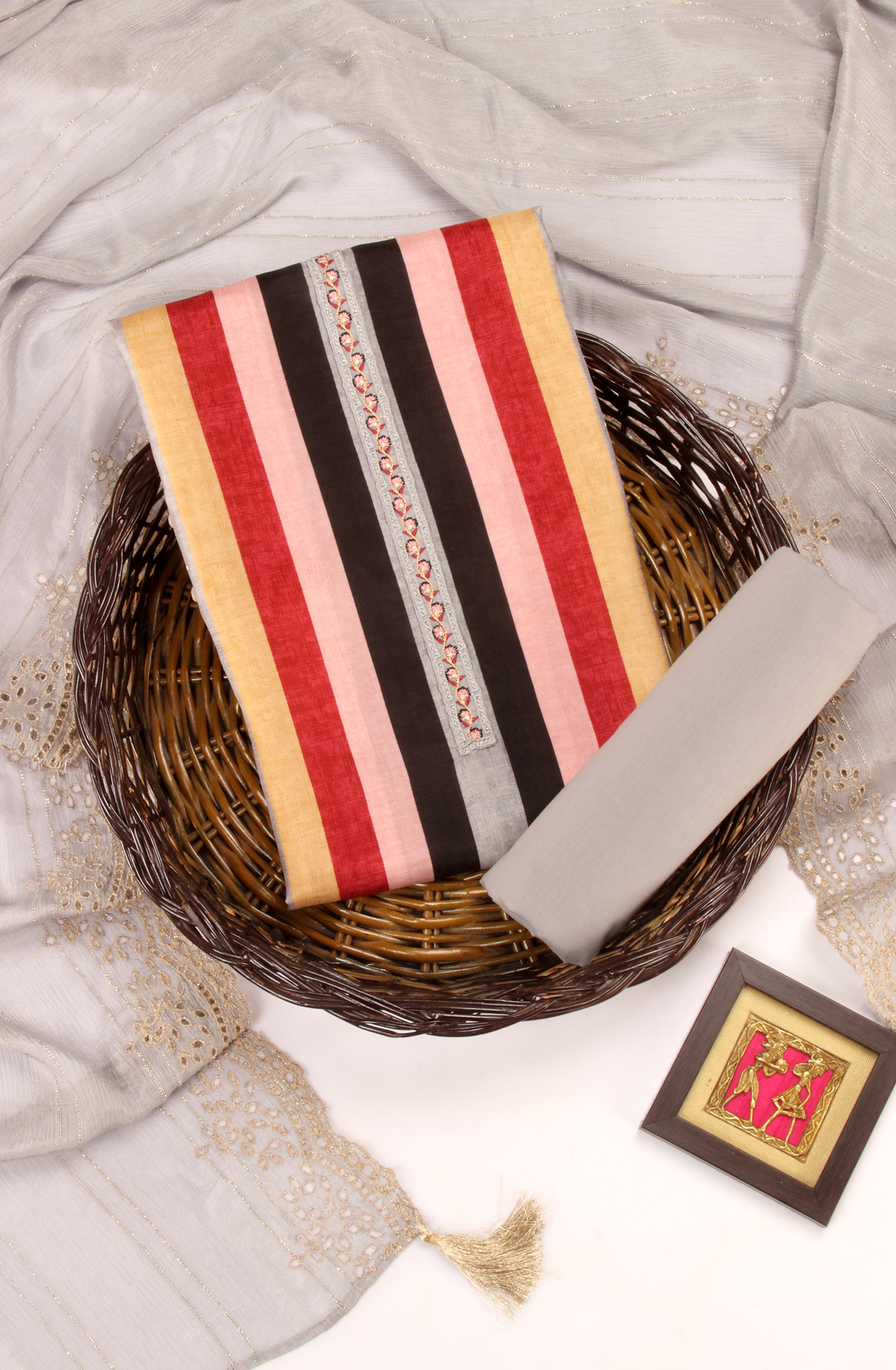 Multi-coloured Cotton Silk Unstitched Salwar Kameez with Chiffon Dupatta - KAR1621B