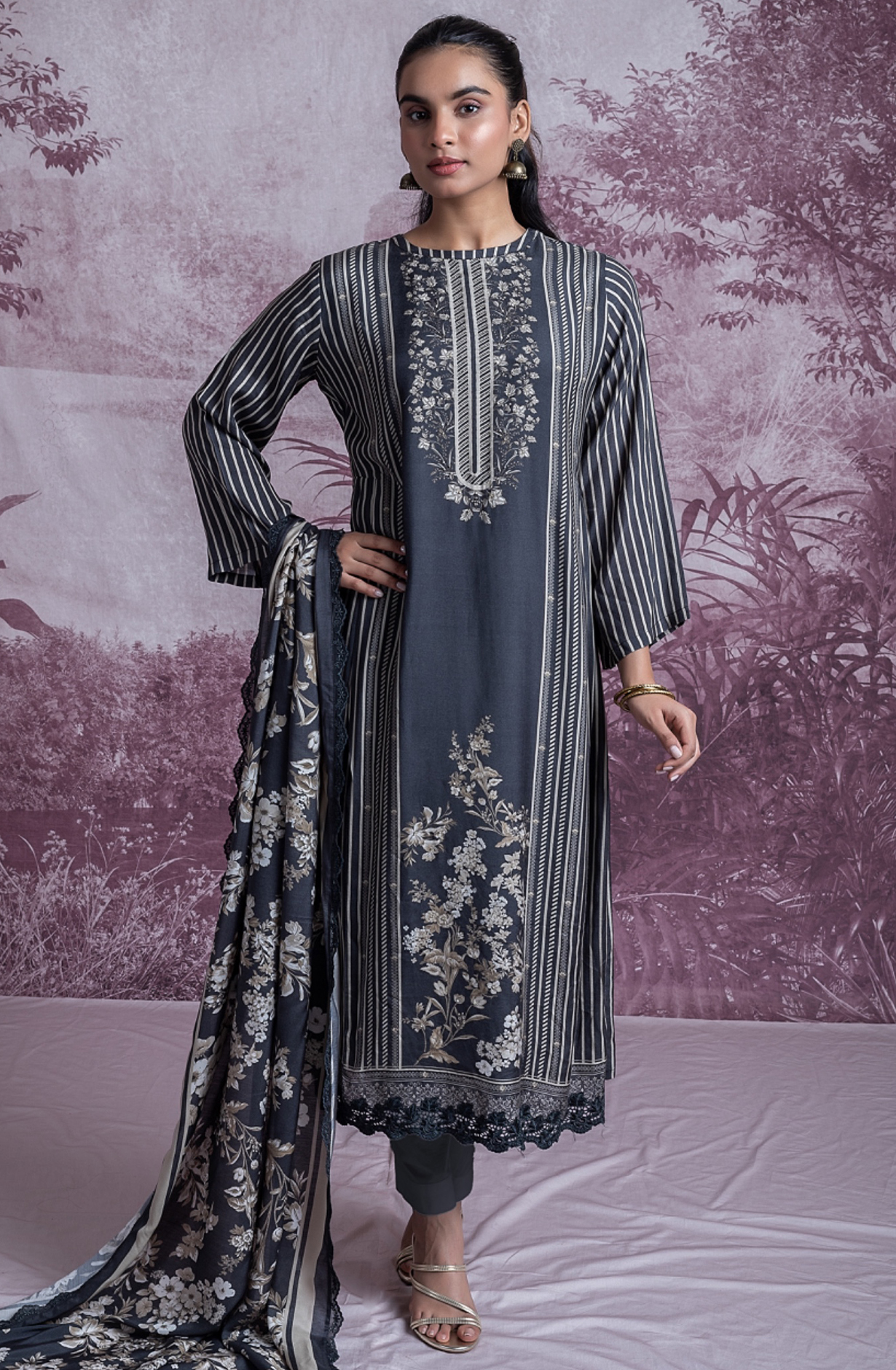 Black Printed Embroidered Handwork Suit with Dupatta - KAR2505A