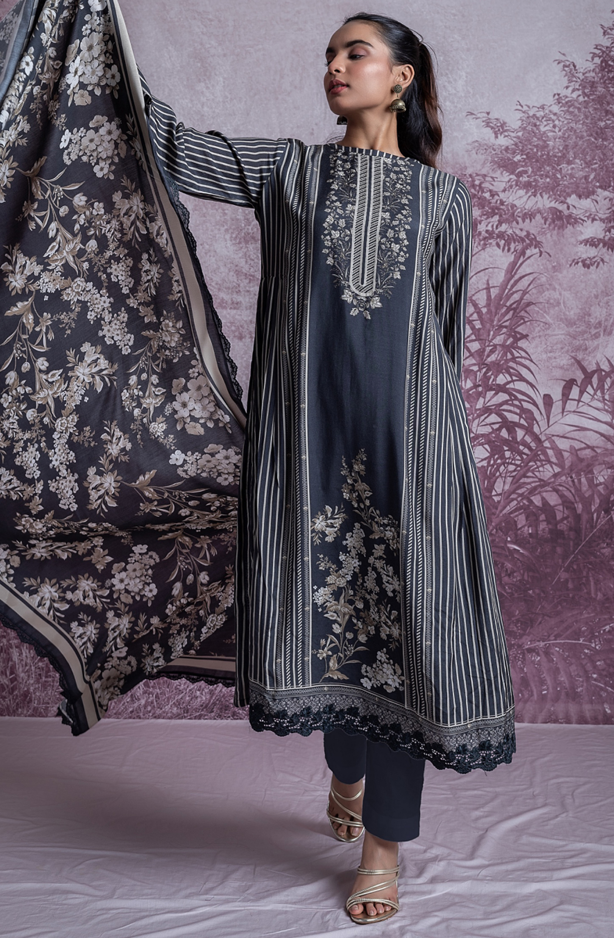 Black Printed Embroidered Handwork Suit with Dupatta - KAR2505A