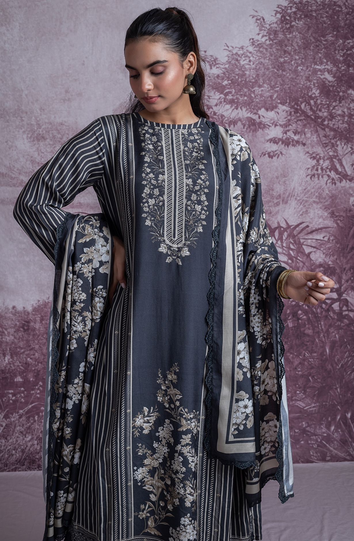 Black Printed Embroidered Handwork Suit with Dupatta - KAR2505A