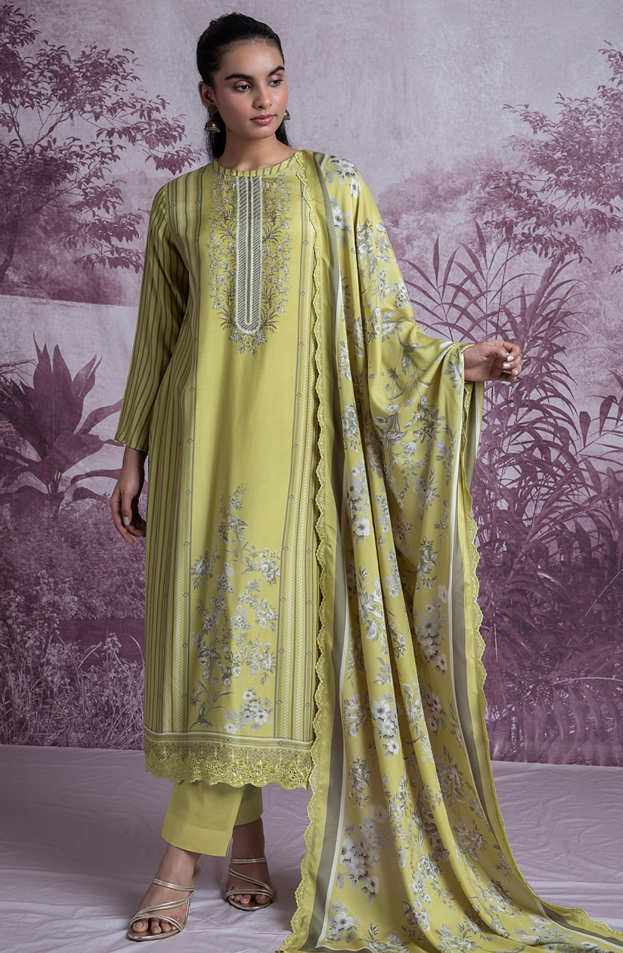 Green Printed Embroidered Handwork Suit with Dupatta - KAR2505B