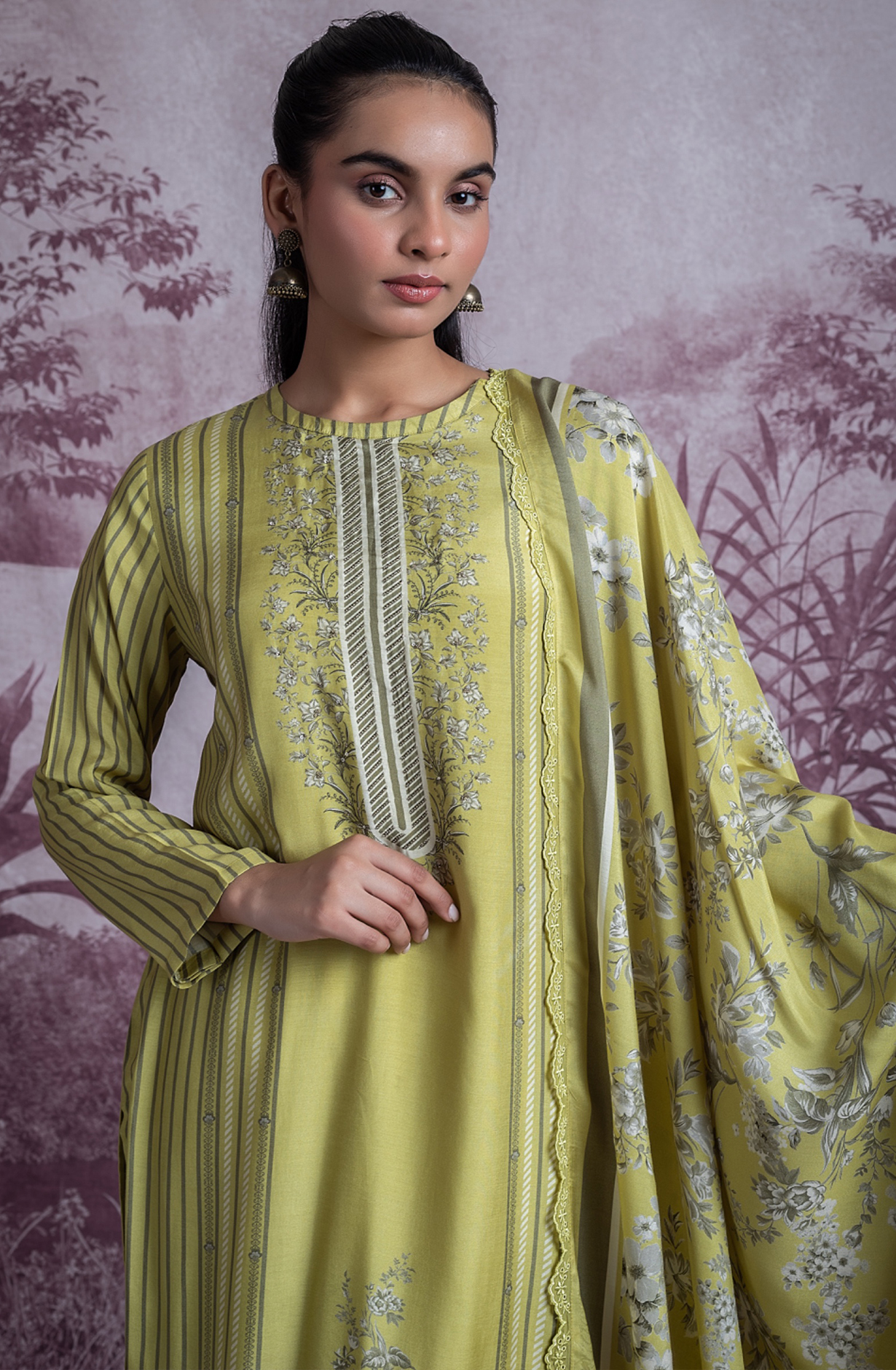 Green Printed Embroidered Handwork Suit with Dupatta - KAR2505B