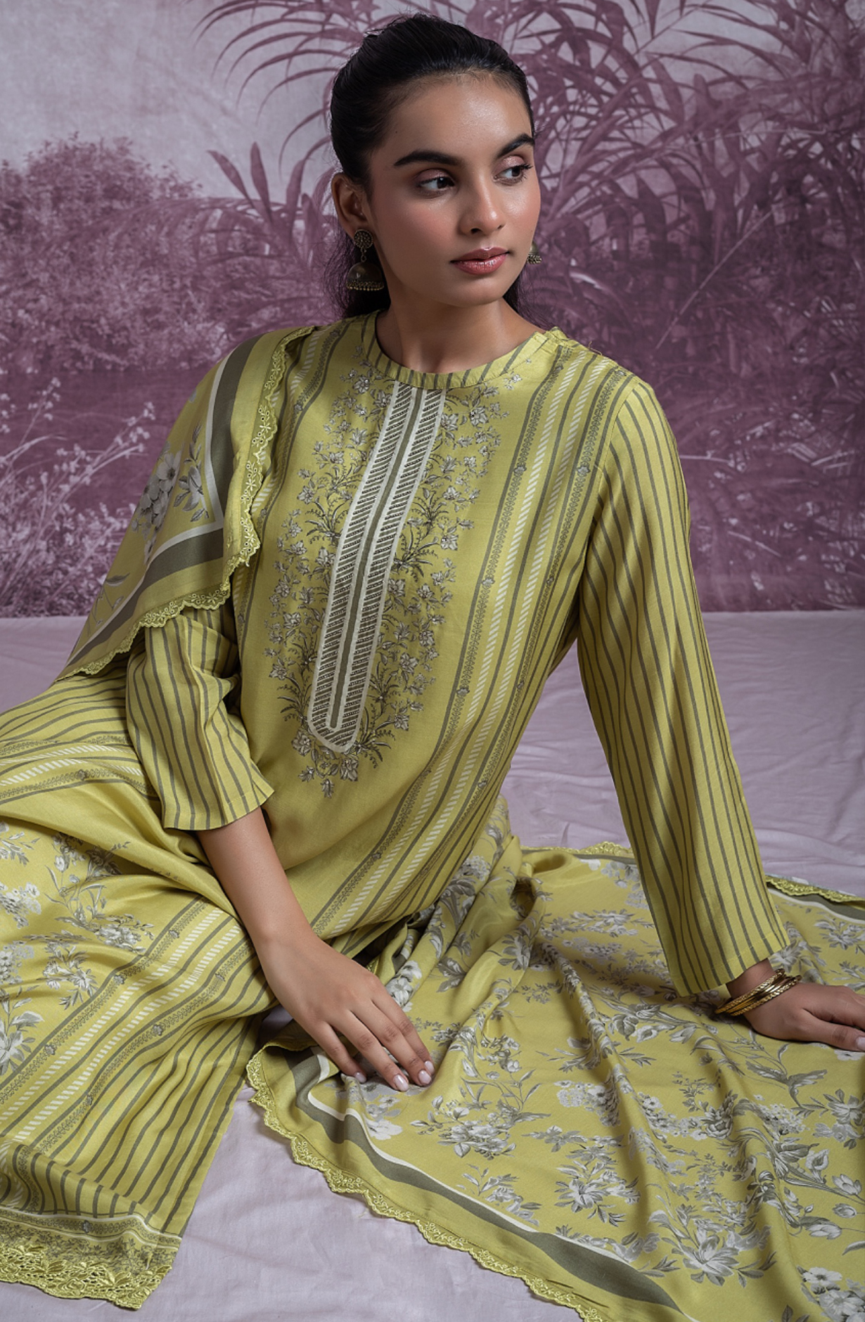 Green Printed Embroidered Handwork Suit with Dupatta - KAR2505B
