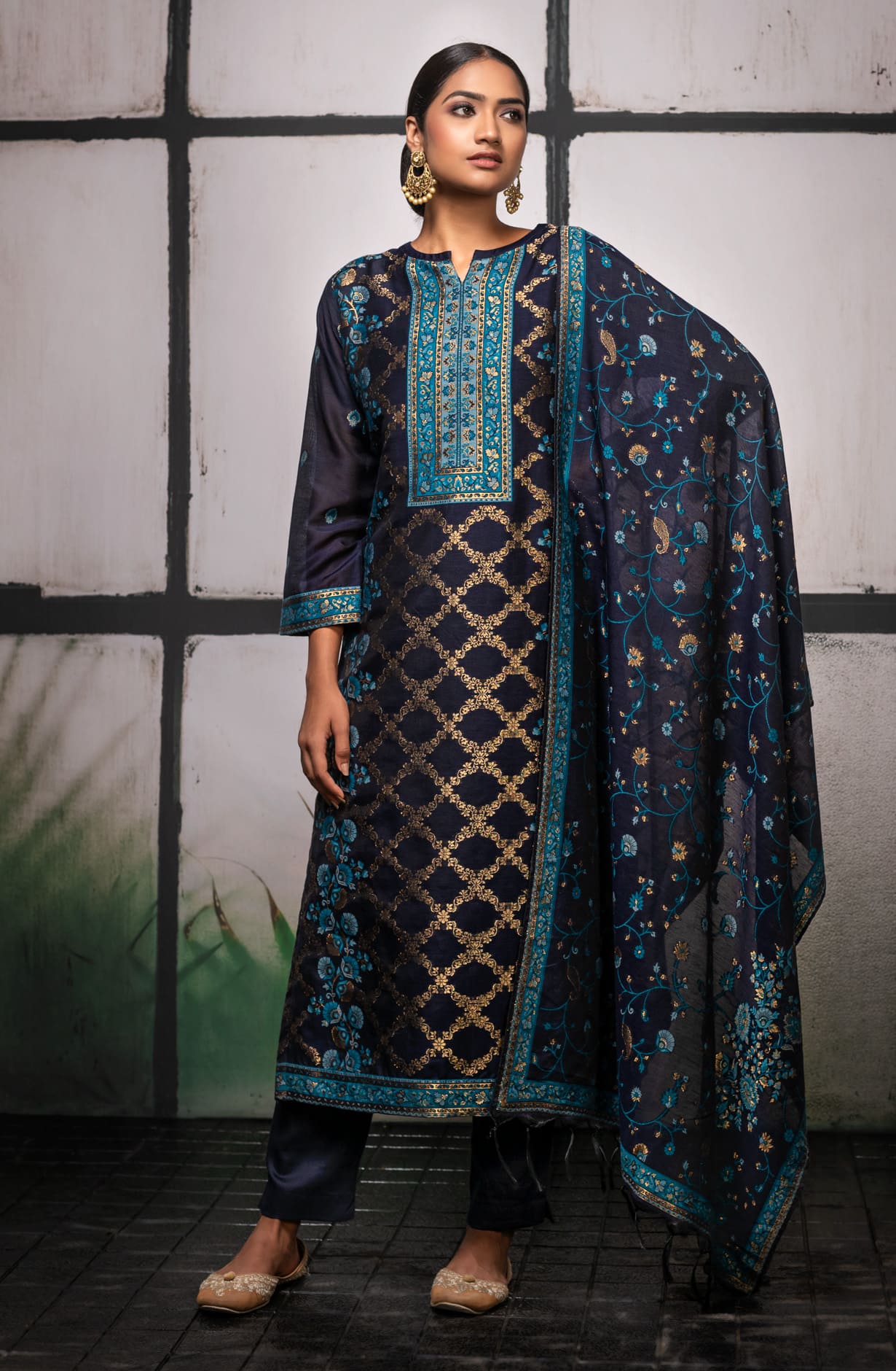 Designer Navy Blue Chanderi Silk Exclusive Unstitched Salwar Kameez Suit-set - KAS1571B