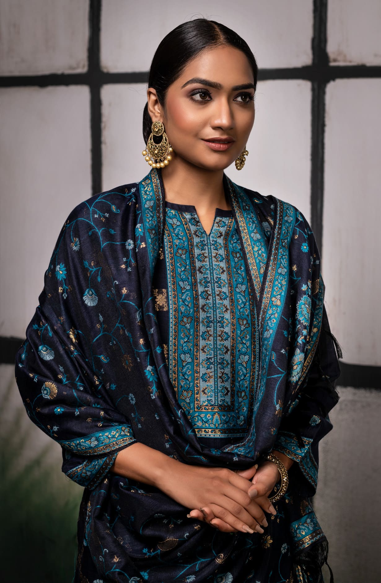 Designer Navy Blue Chanderi Silk Exclusive Unstitched Salwar Kameez Suit-set - KAS1571B