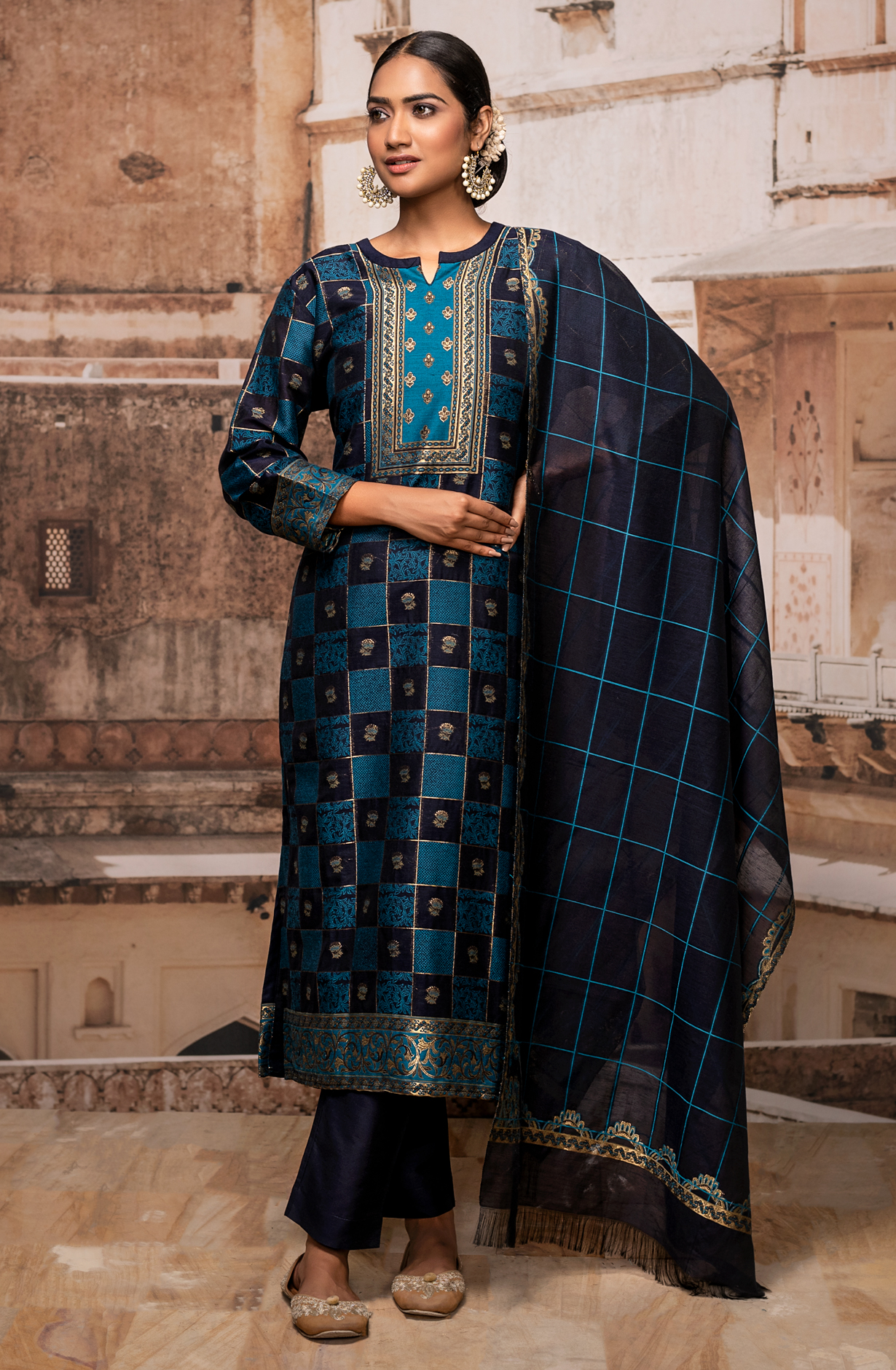 Firozi and Blue Chanderi Silk Beautiful Salwar Kameez - KAS1595B