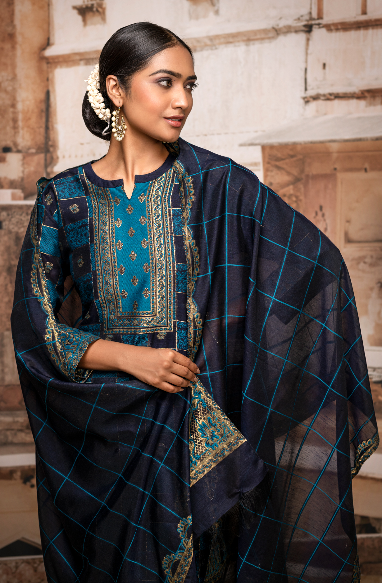 Firozi and Blue Chanderi Silk Beautiful Salwar Kameez - KAS1595B