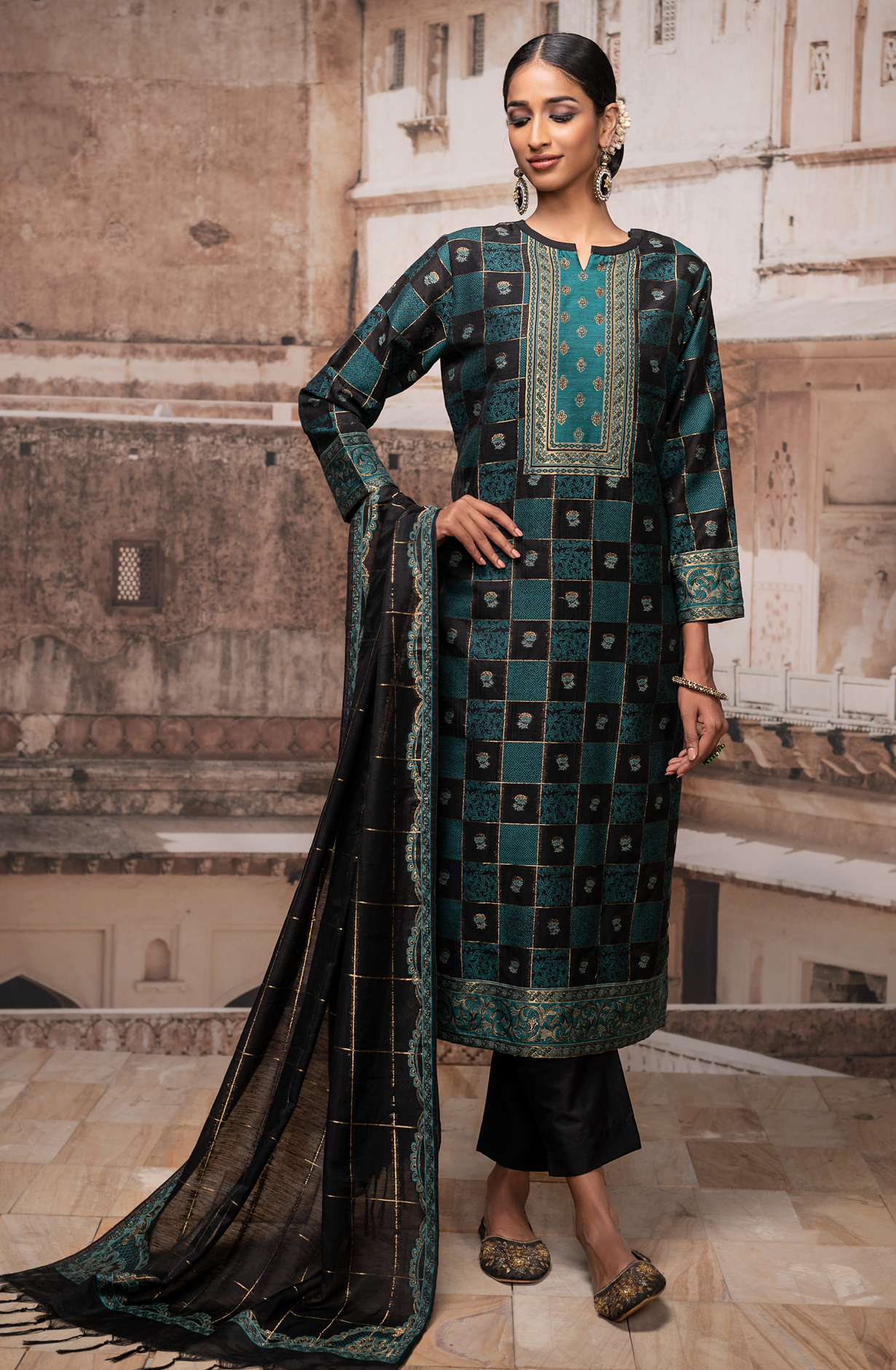 Firozi and Black Chanderi Silk Beautiful Salwar Kameez - KAS1595C
