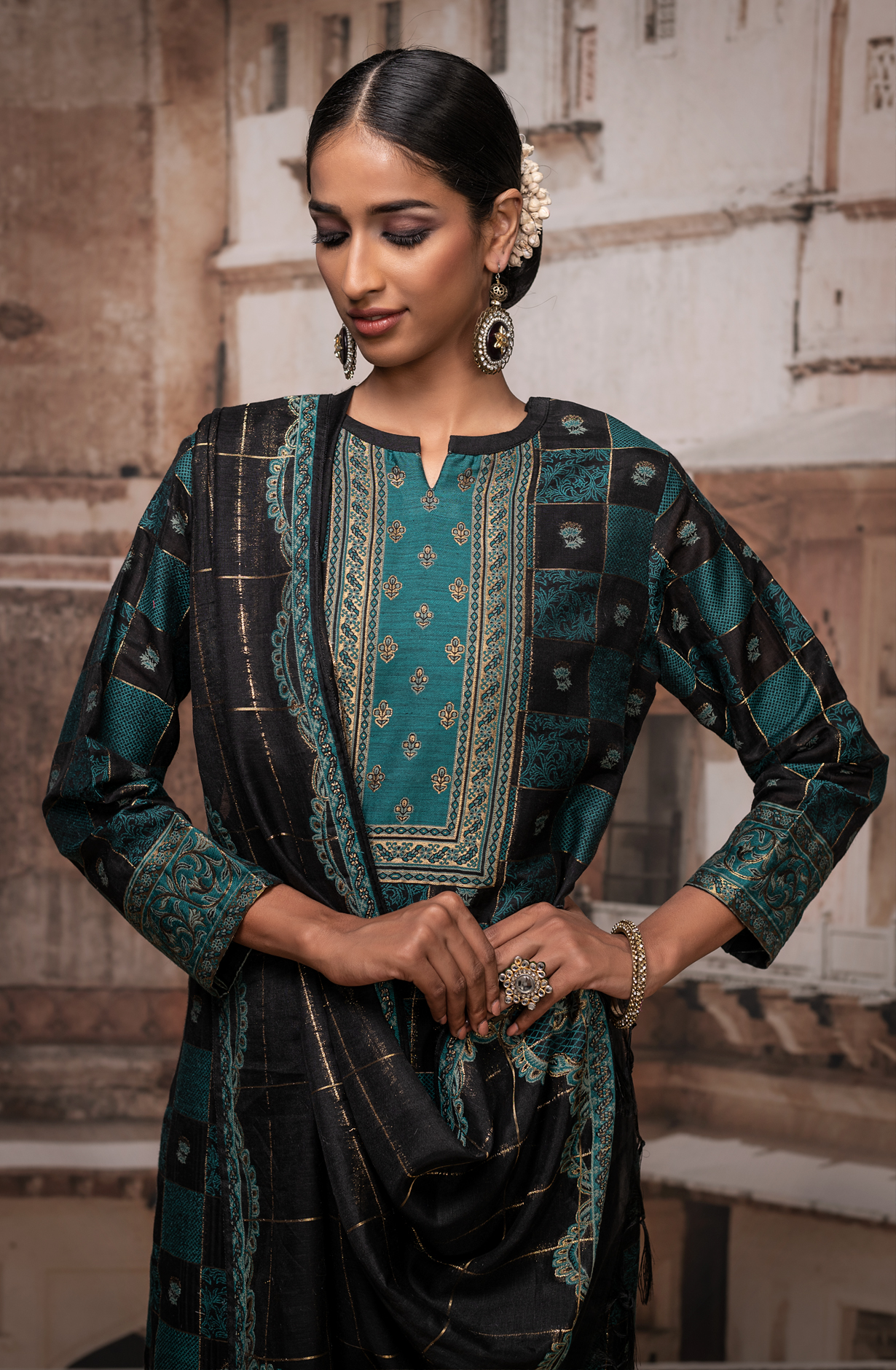 Firozi and Black Chanderi Silk Beautiful Salwar Kameez - KAS1595C