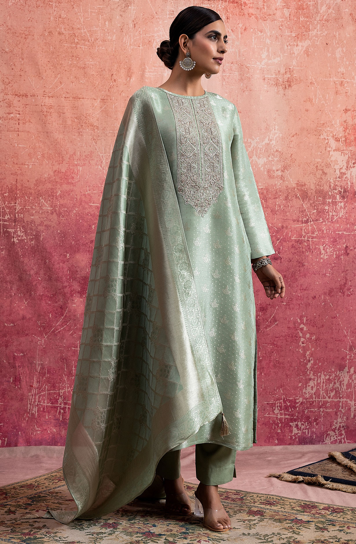 Designer Sea Green Luxe Silk Jacquard Salwar Kameez with Dupatta - KAS2128A