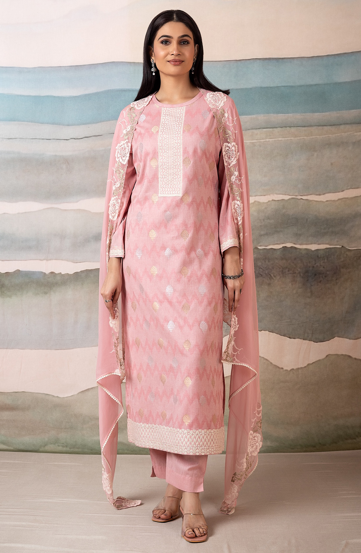 Pink Cotton Woven Jacquard Salwar Suit with Chiffon Dupatta - KAS2222A