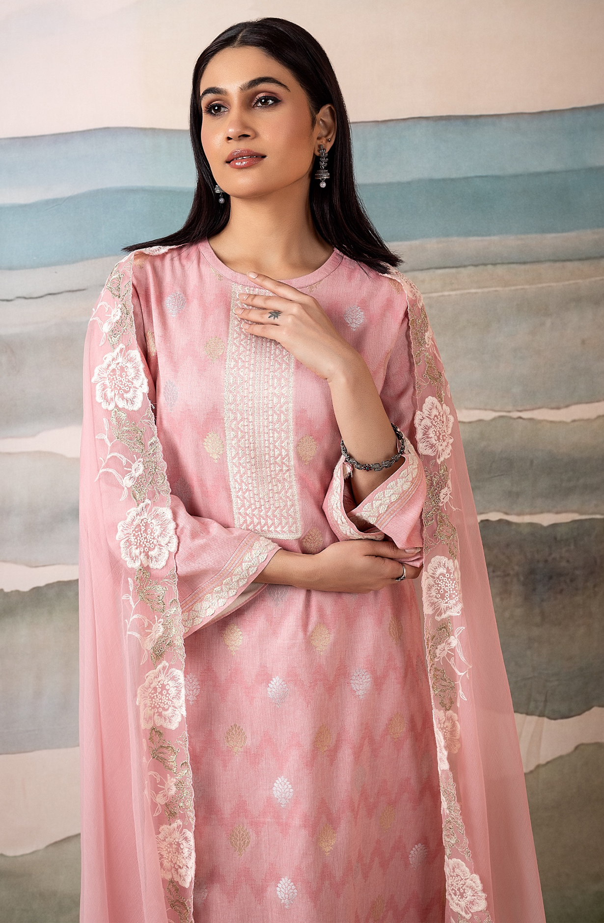Pink Cotton Woven Jacquard Salwar Suit with Chiffon Dupatta - KAS2222A