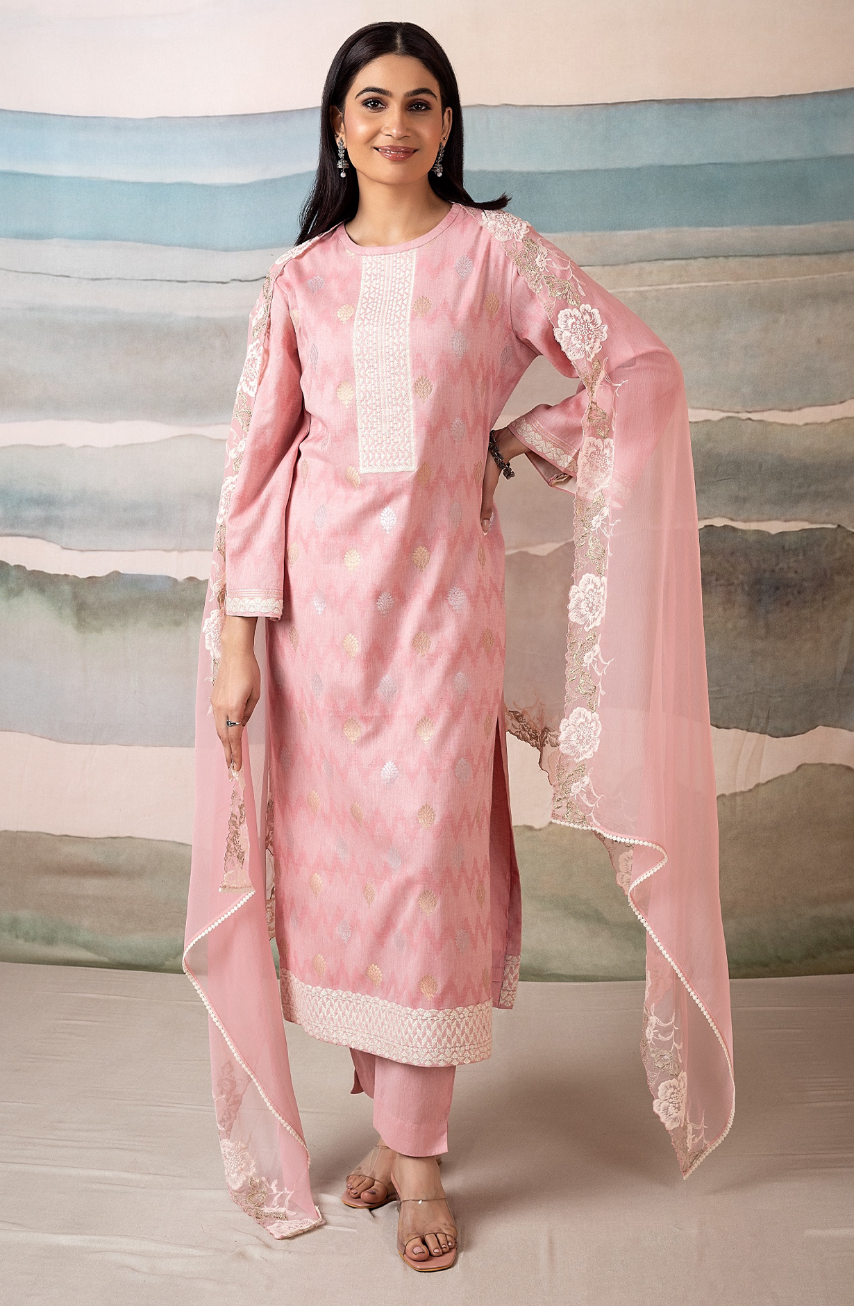 Pink Cotton Woven Jacquard Salwar Suit with Chiffon Dupatta - KAS2222A