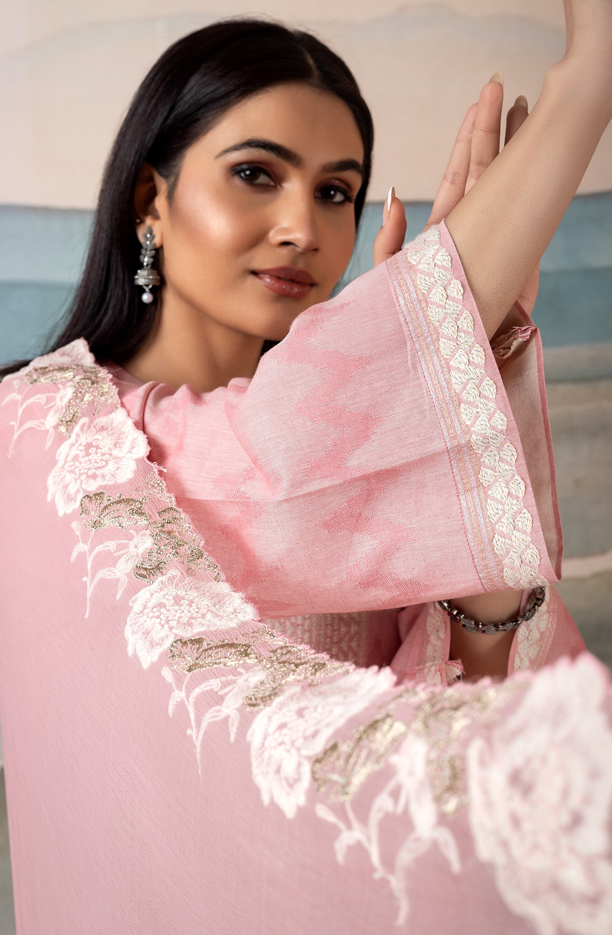 Pink Cotton Woven Jacquard Salwar Suit with Chiffon Dupatta - KAS2222A
