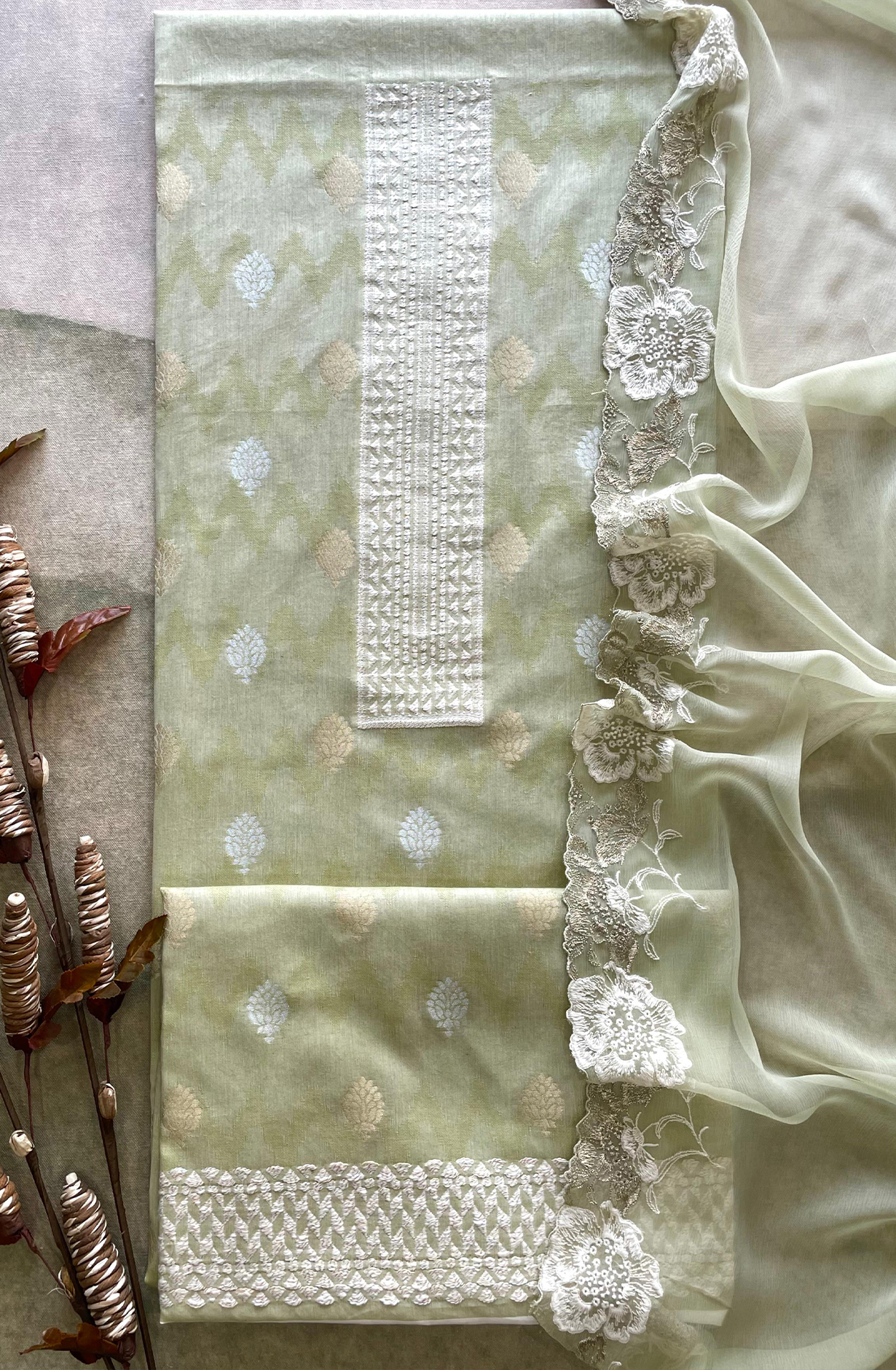 Pista Green Cotton Woven Jacquard Salwar Suit with Chiffon Dupatta - KAS2222B