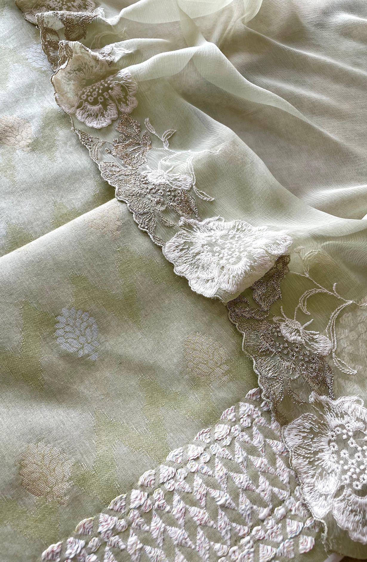 Pista Green Cotton Woven Jacquard Salwar Suit with Chiffon Dupatta - KAS2222B