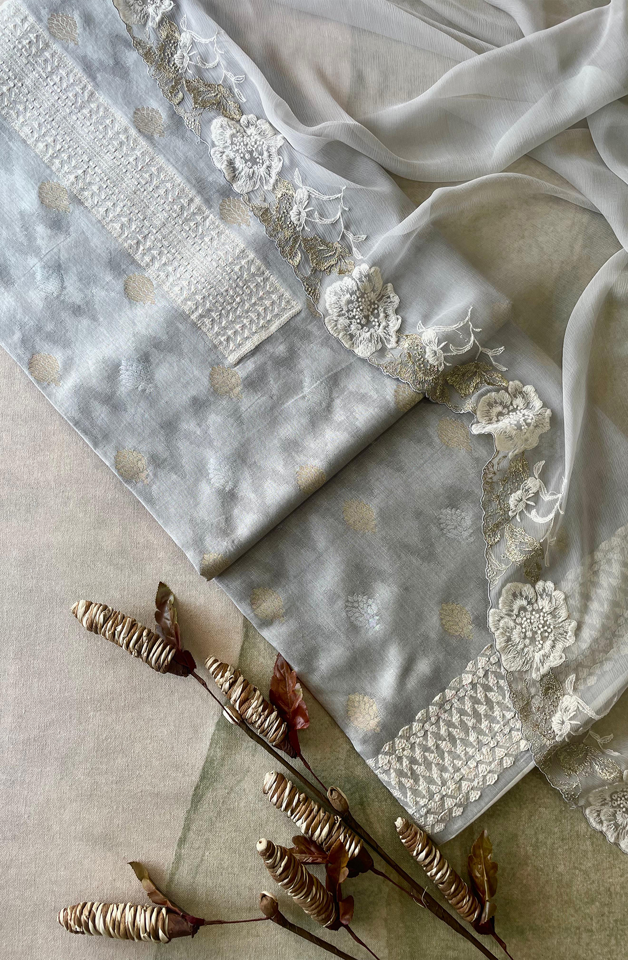 Grey Cotton Woven Jacquard Salwar Suit with Chiffon Dupatta - KAS2222C