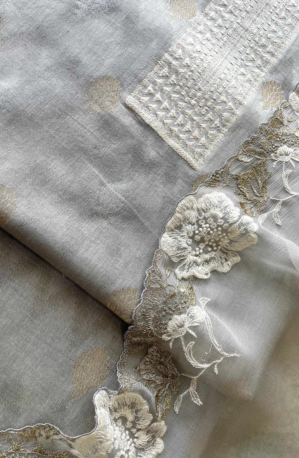 Grey Cotton Woven Jacquard Salwar Suit with Chiffon Dupatta - KAS2222C