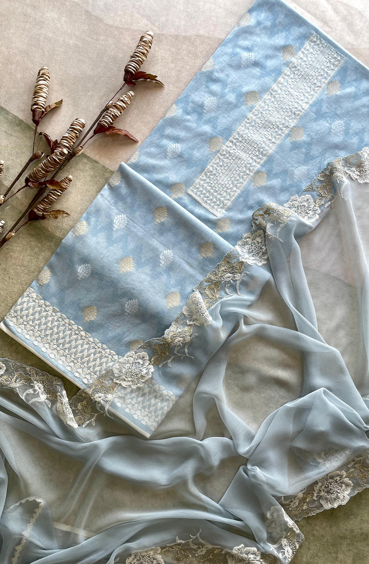 Pastel Blue Cotton Woven Jacquard Salwar Suit with Chiffon Dupatta - KAS2222D