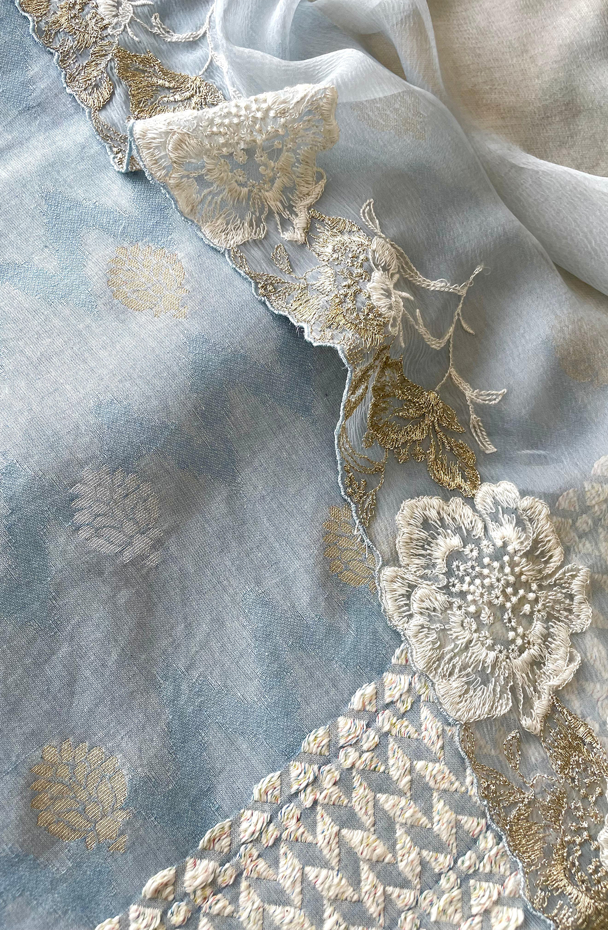 Pastel Blue Cotton Woven Jacquard Salwar Suit with Chiffon Dupatta - KAS2222D