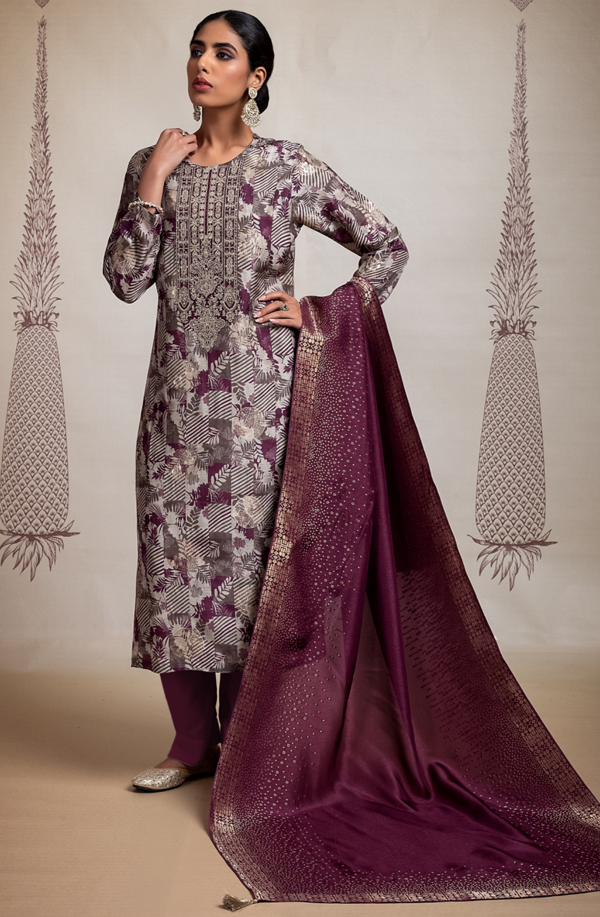 Maroon Pure Silk Jacquard Digital Printed with Embroidery Suit Set - KAS2245A