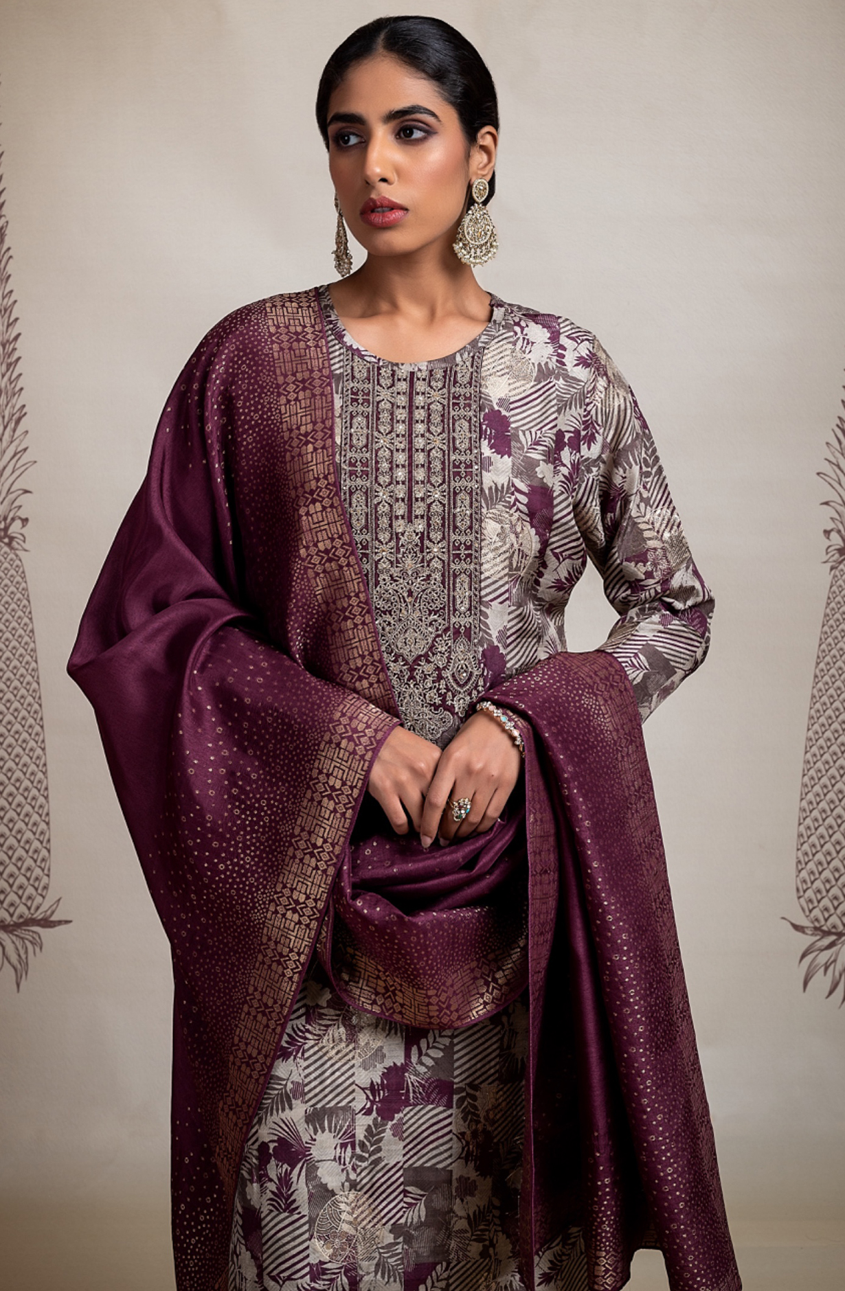 Maroon Pure Silk Jacquard Digital Printed with Embroidery Suit Set - KAS2245A