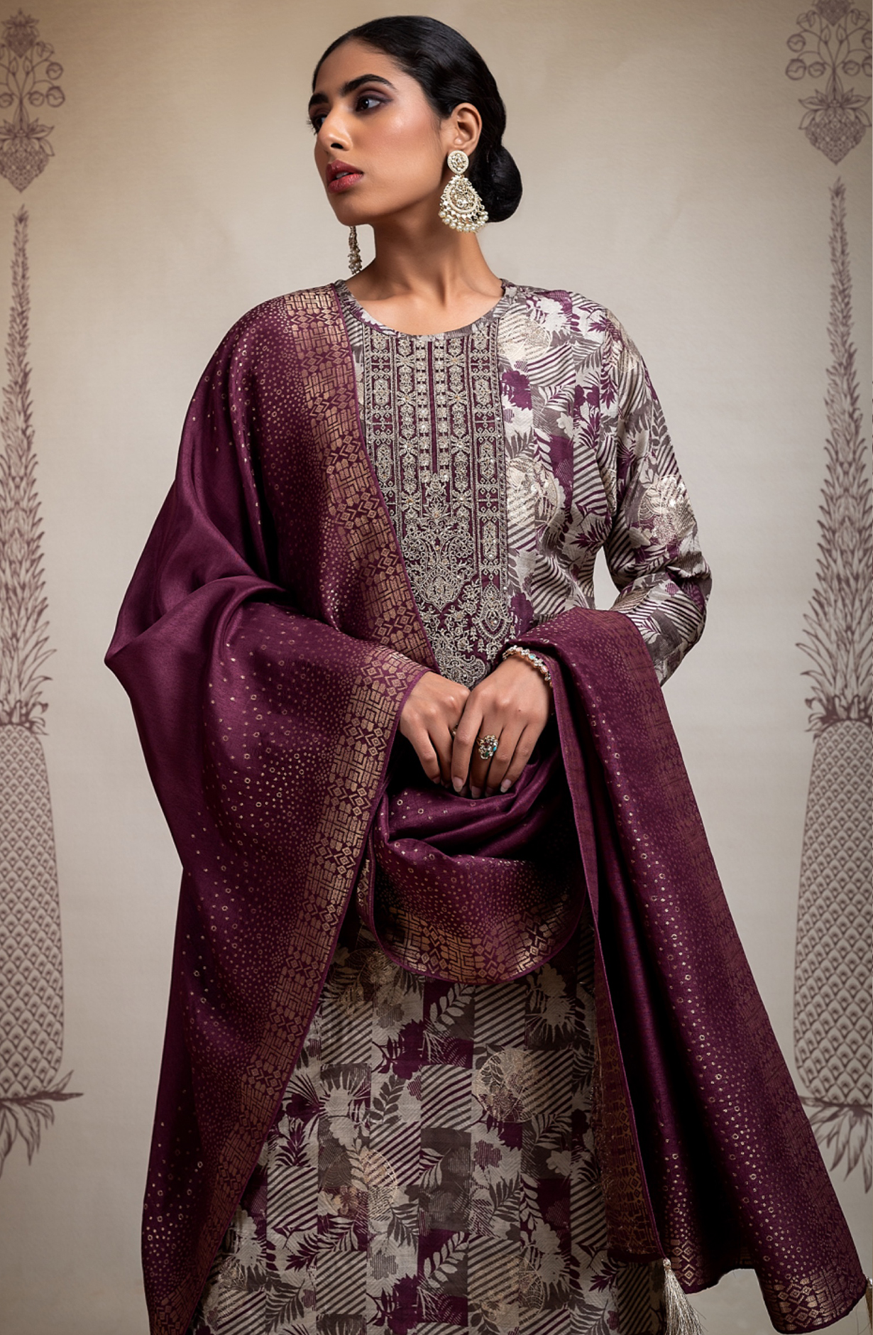 Maroon Pure Silk Jacquard Digital Printed with Embroidery Suit Set - KAS2245A