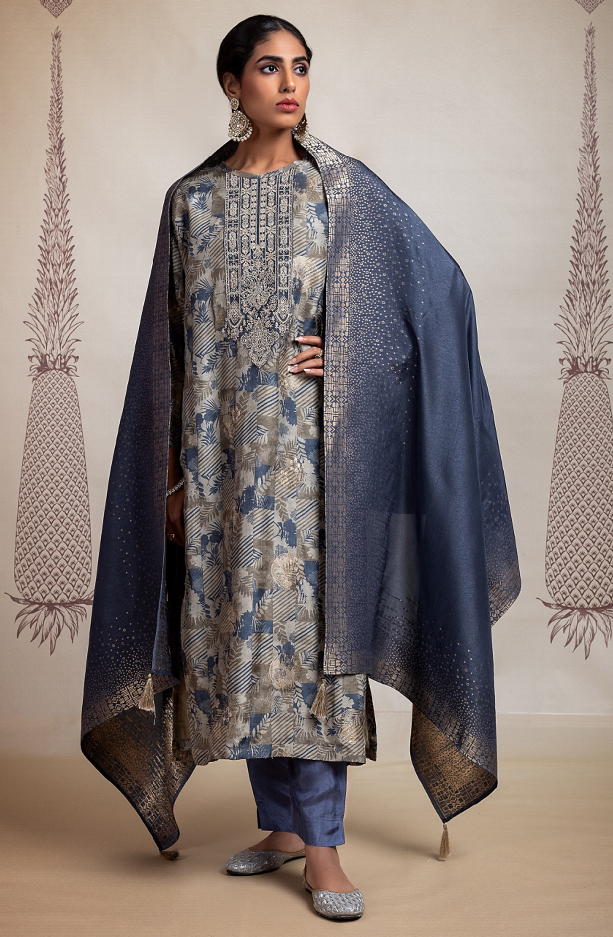 Blue Pure Silk Jacquard Digital Printed with Embroidery Suit Set - KAS2245B