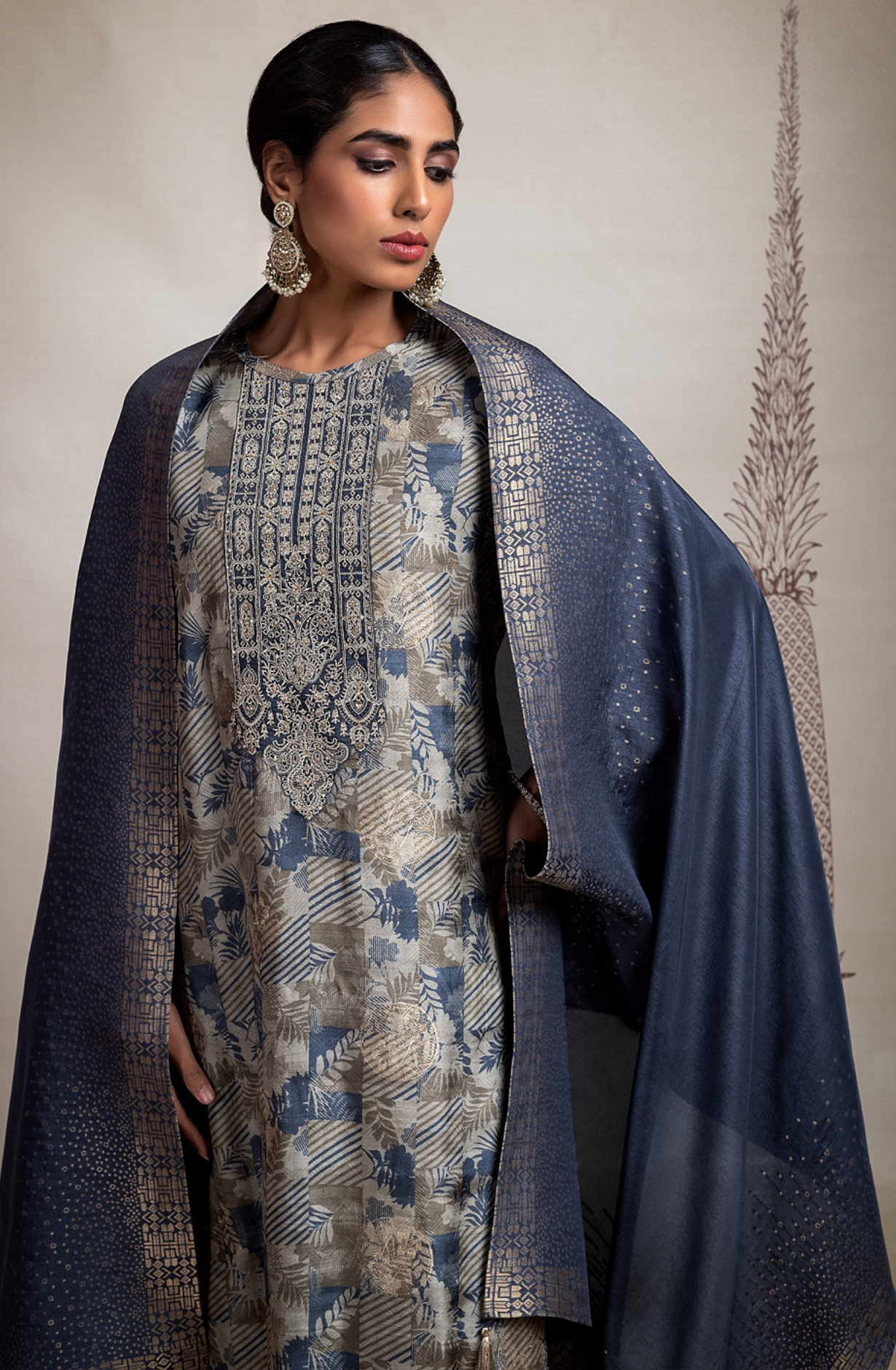 Blue Pure Silk Jacquard Digital Printed with Embroidery Suit Set - KAS2245B