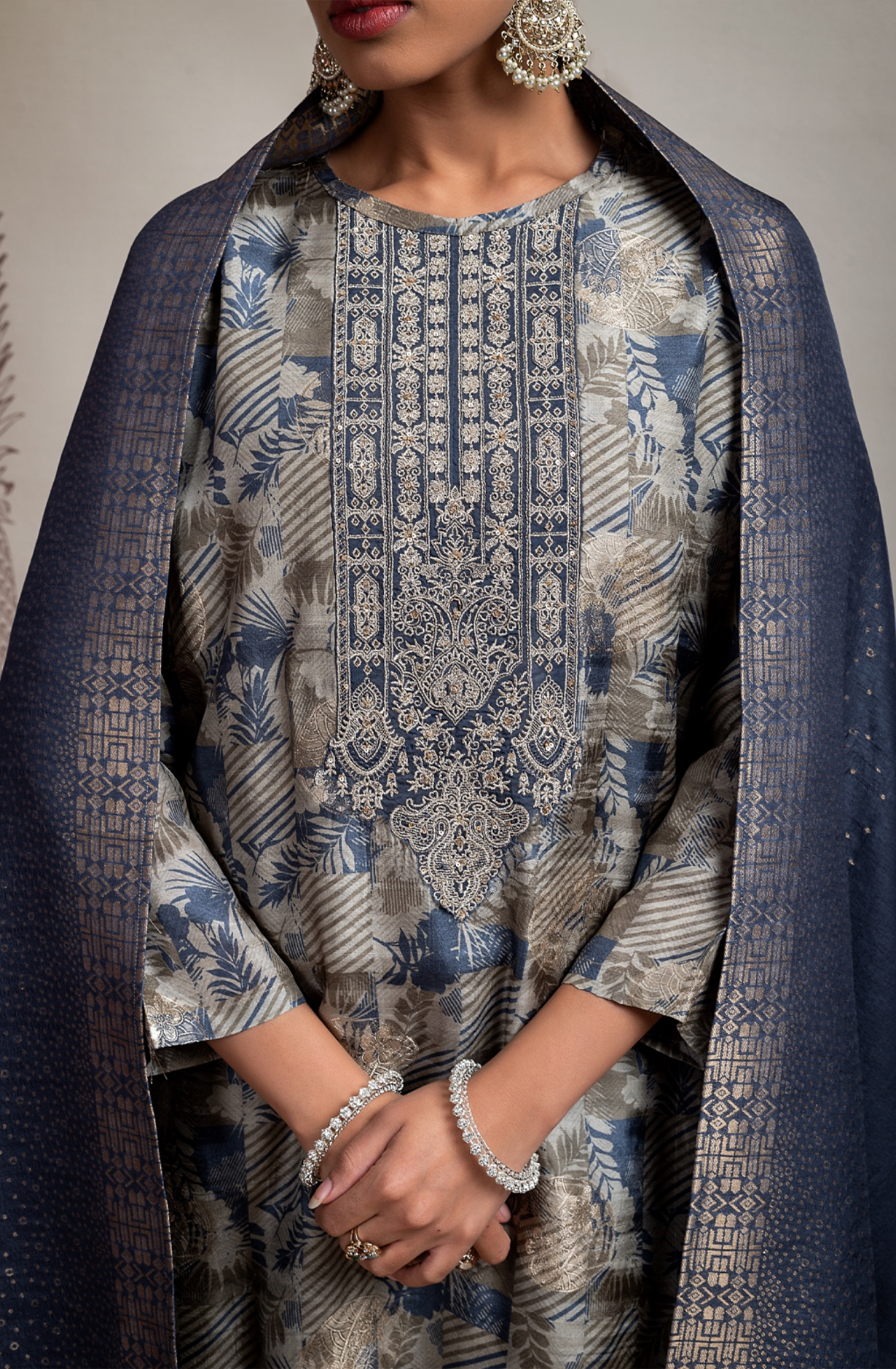 Blue Pure Silk Jacquard Digital Printed with Embroidery Suit Set - KAS2245B