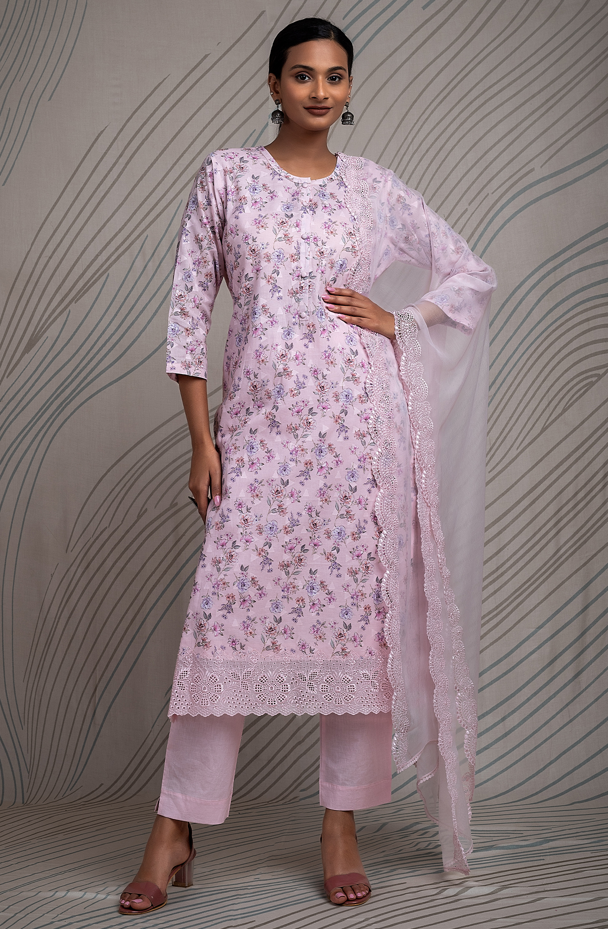 Baby Pink Exclusive Cotton Jacquard Unstitched Salwar Suit with Chiffon Dupatta - KAS2265A