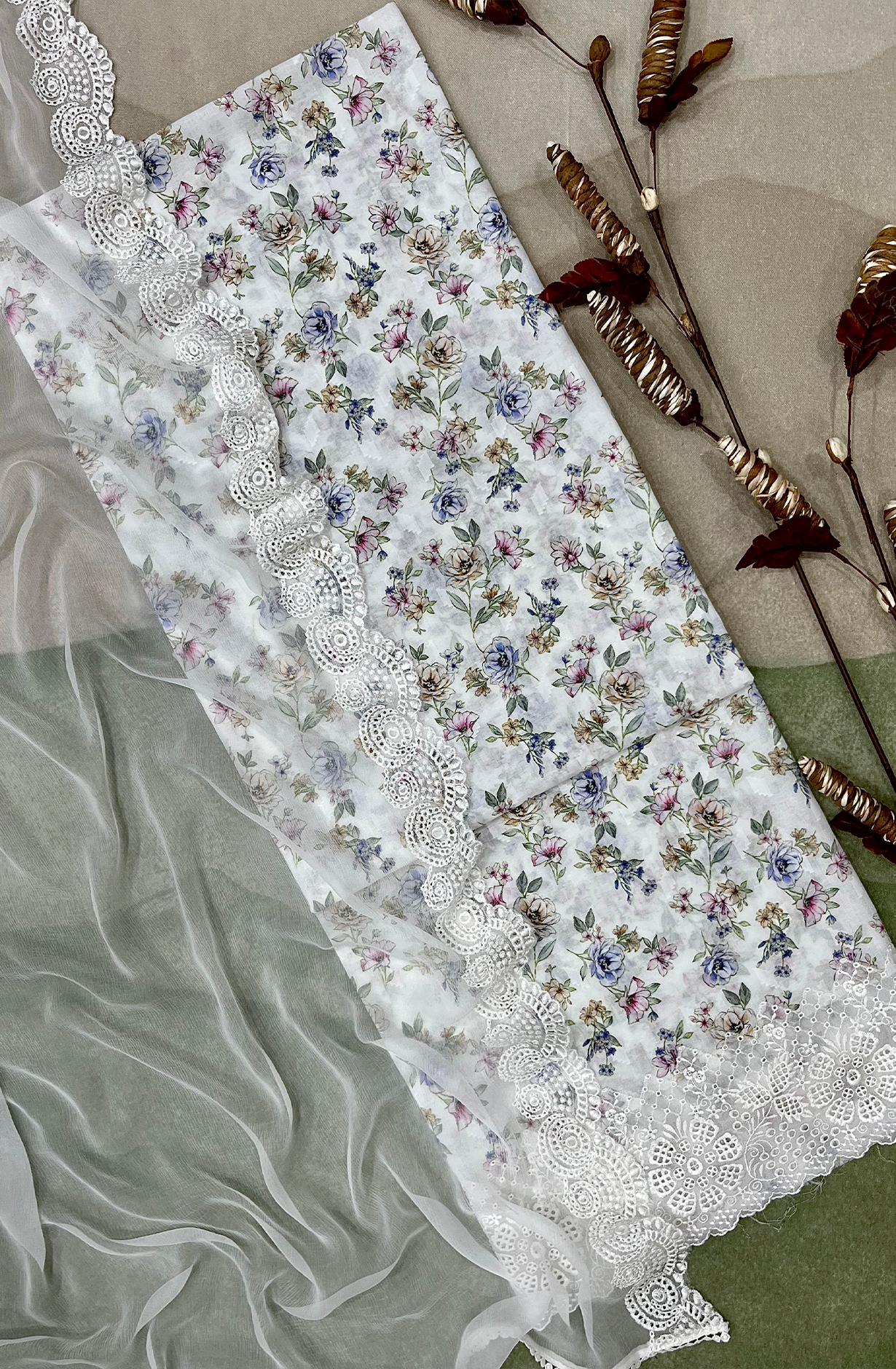 Cream Exclusive Cotton Jacquard Unstitched Salwar Suit with Chiffon Dupatta - KAS2265B