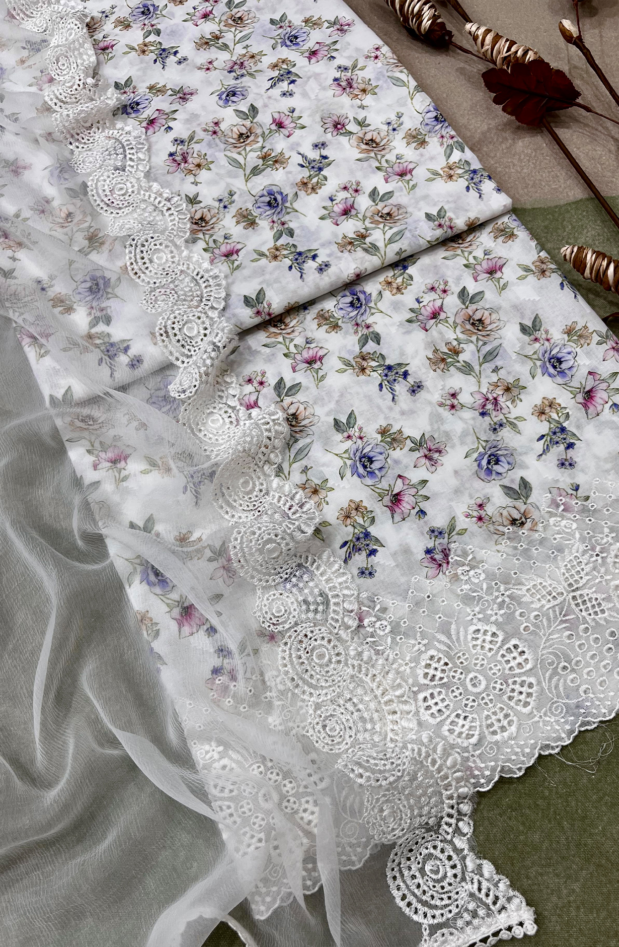 Cream Exclusive Cotton Jacquard Unstitched Salwar Suit with Chiffon Dupatta - KAS2265B