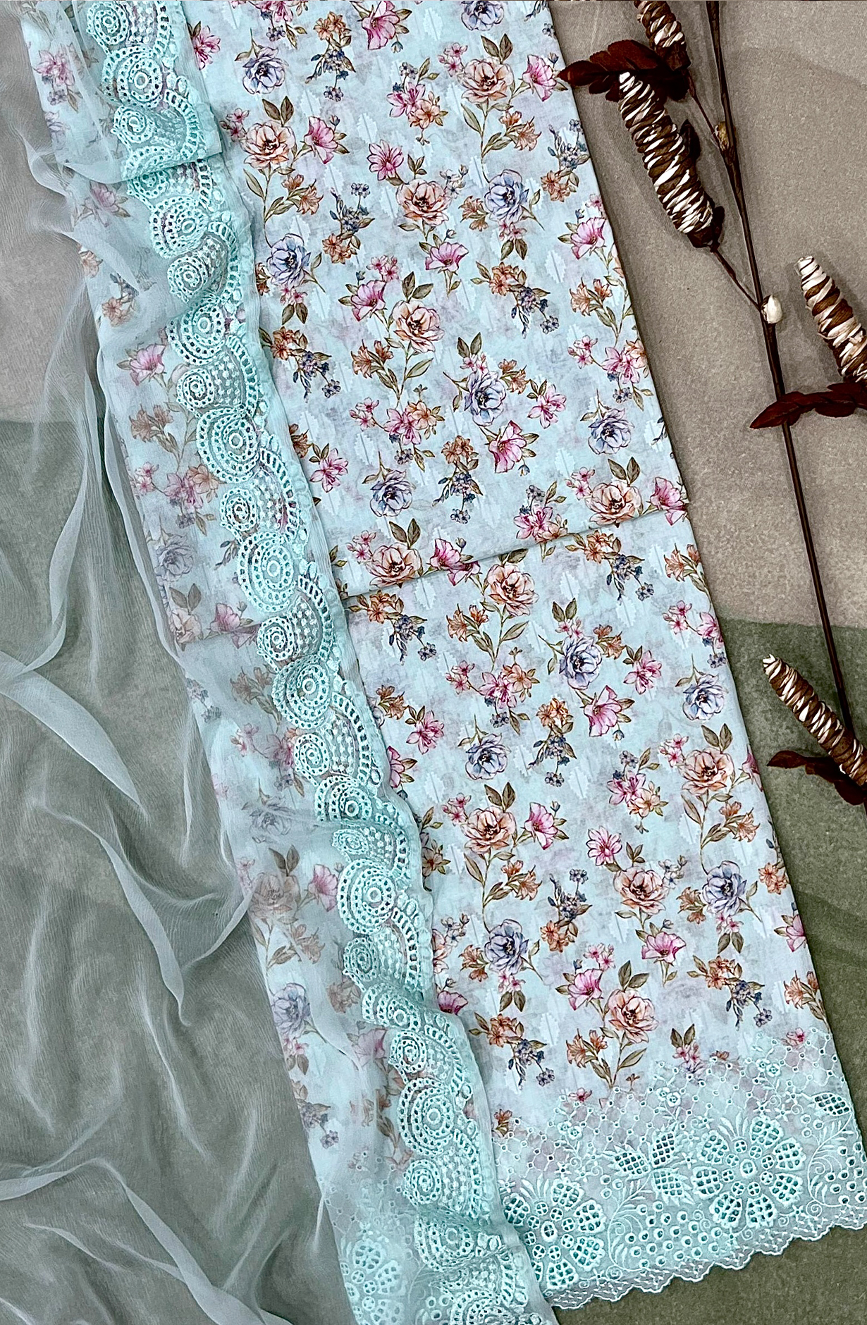 Turquoise Exclusive Cotton Jacquard Unstitched Salwar Suit with Chiffon Dupatta - KAS2265C