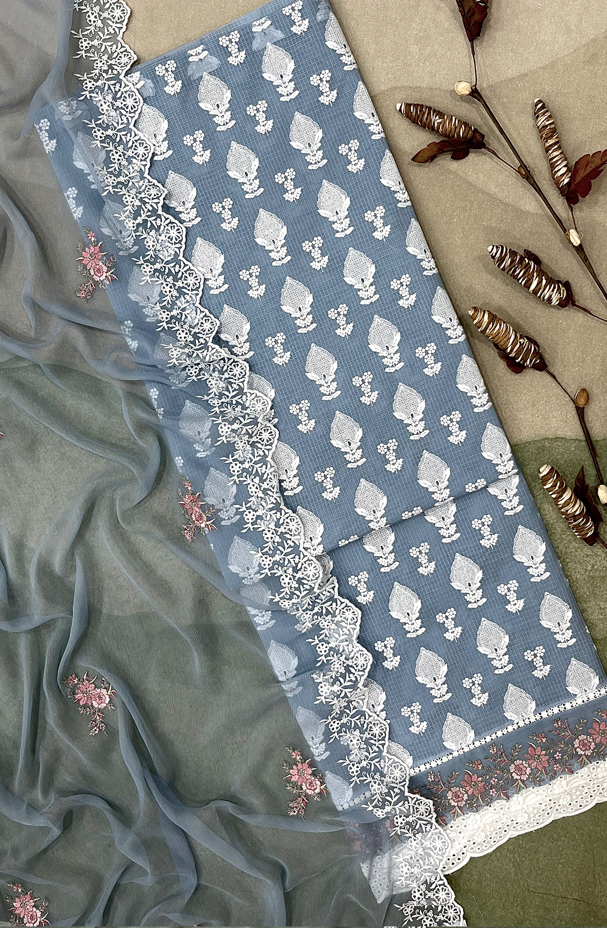 Pastel Blue Kota Beautiful Chikankari Embroidered Unstitched Suit with Chiffon Dupatta - KAM2269A