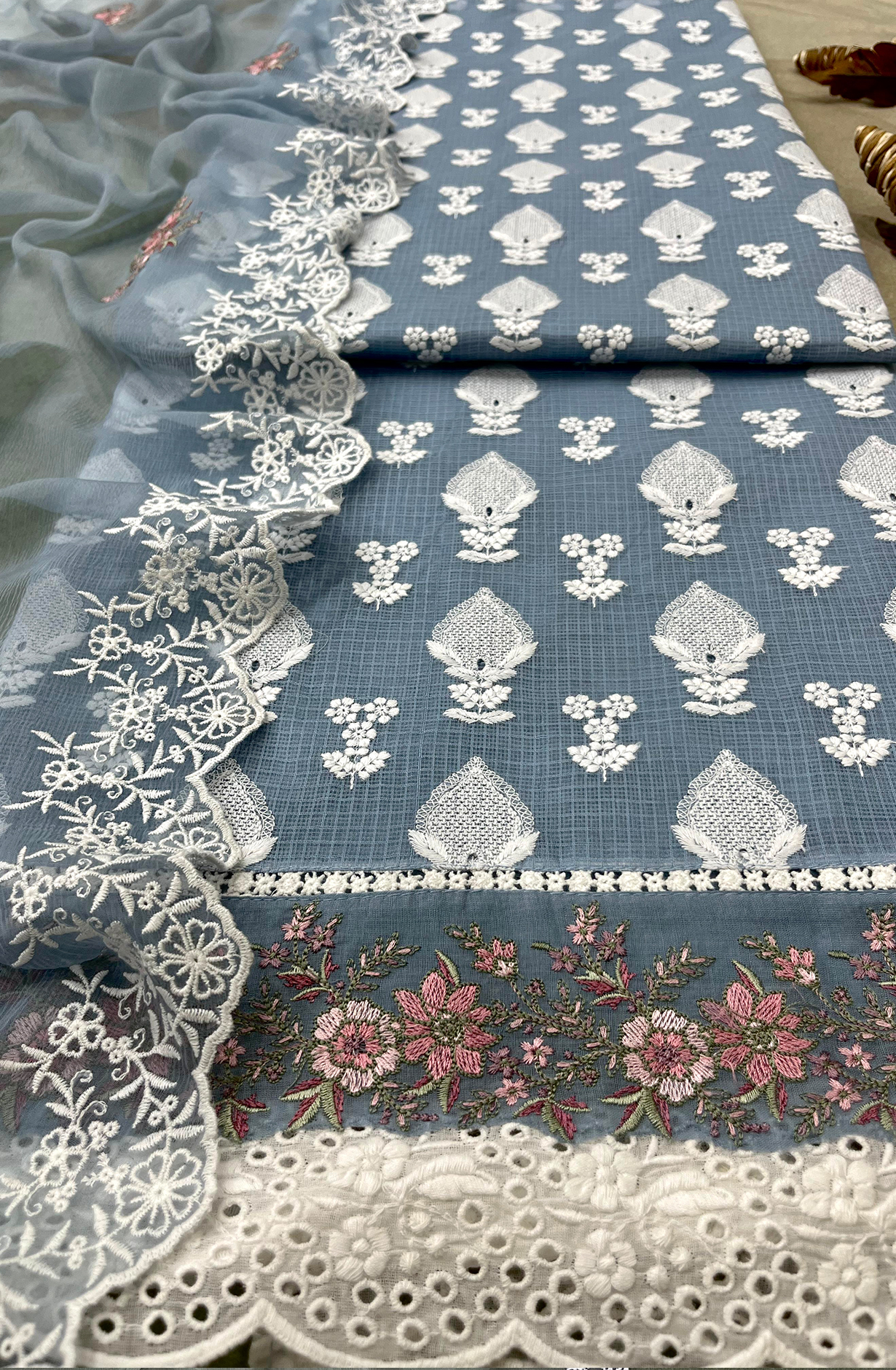 Pastel Blue Kota Beautiful Chikankari Embroidered Unstitched Suit with Chiffon Dupatta - KAM2269A