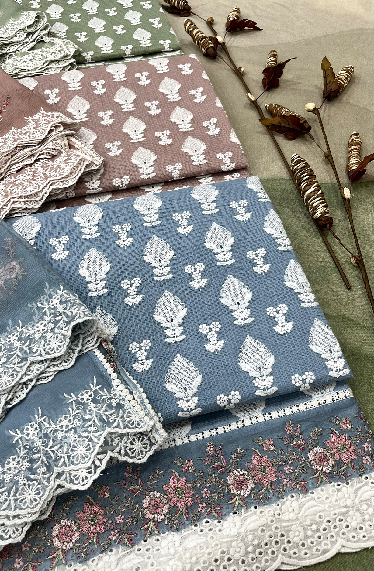 Pastel Blue Kota Beautiful Chikankari Embroidered Unstitched Suit with Chiffon Dupatta - KAM2269A
