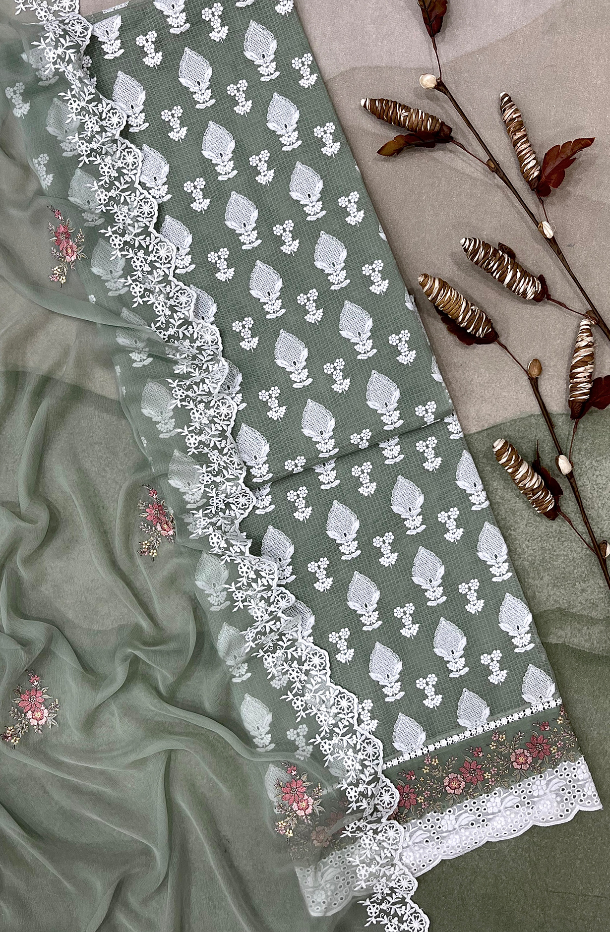 Green Kota Beautiful Chikankari Embroidered Unstitched Suit with Chiffon Dupatta - KAM2269B