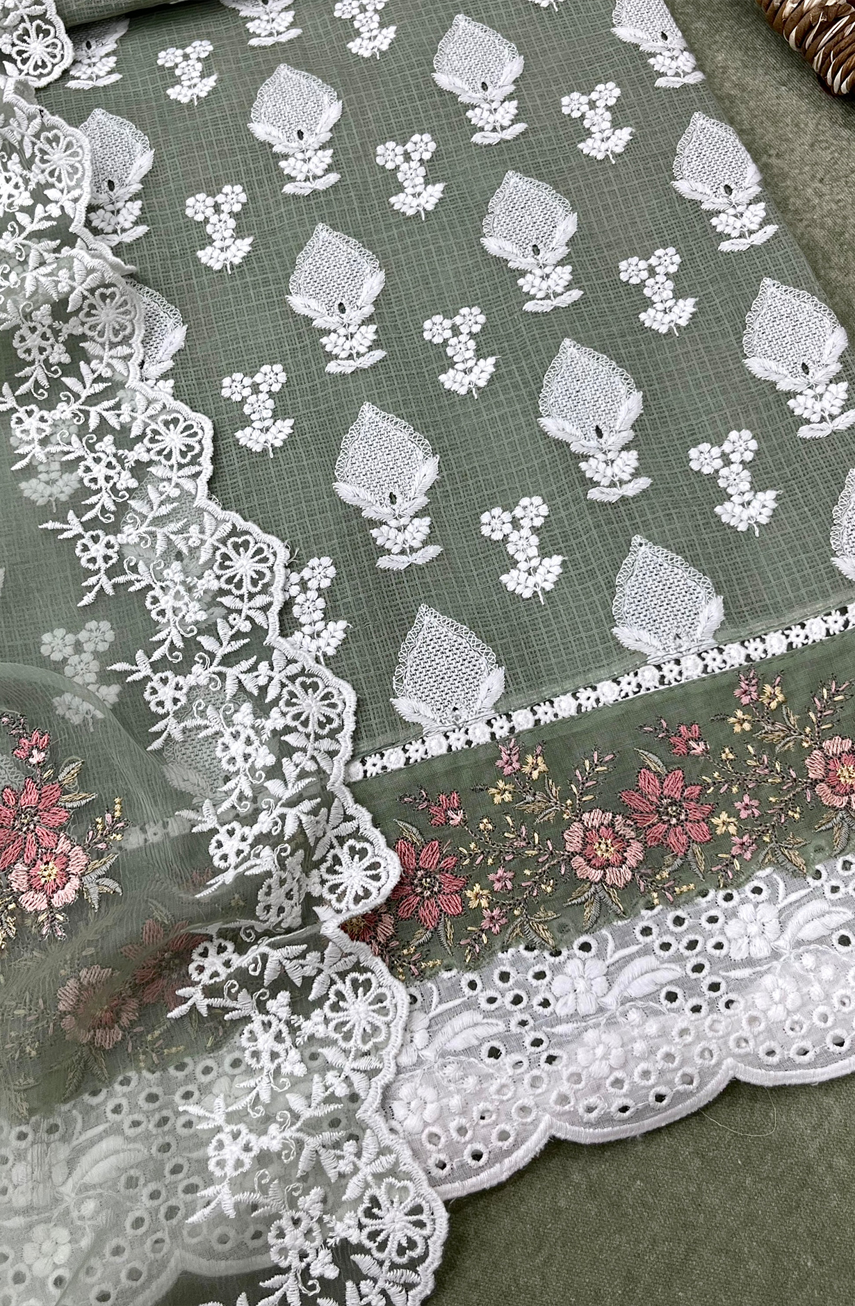 Green Kota Beautiful Chikankari Embroidered Unstitched Suit with Chiffon Dupatta - KAM2269B