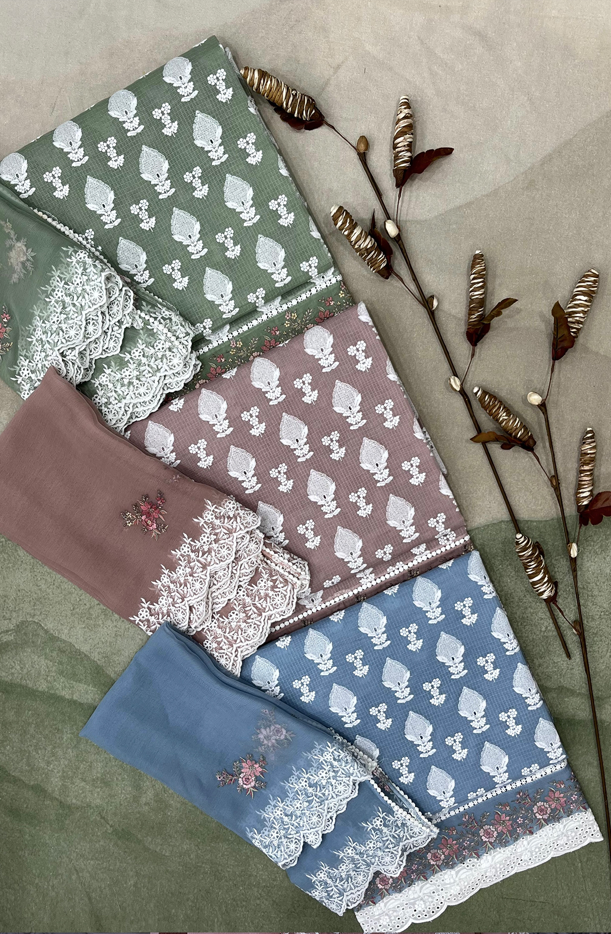 Green Kota Beautiful Chikankari Embroidered Unstitched Suit with Chiffon Dupatta - KAM2269B