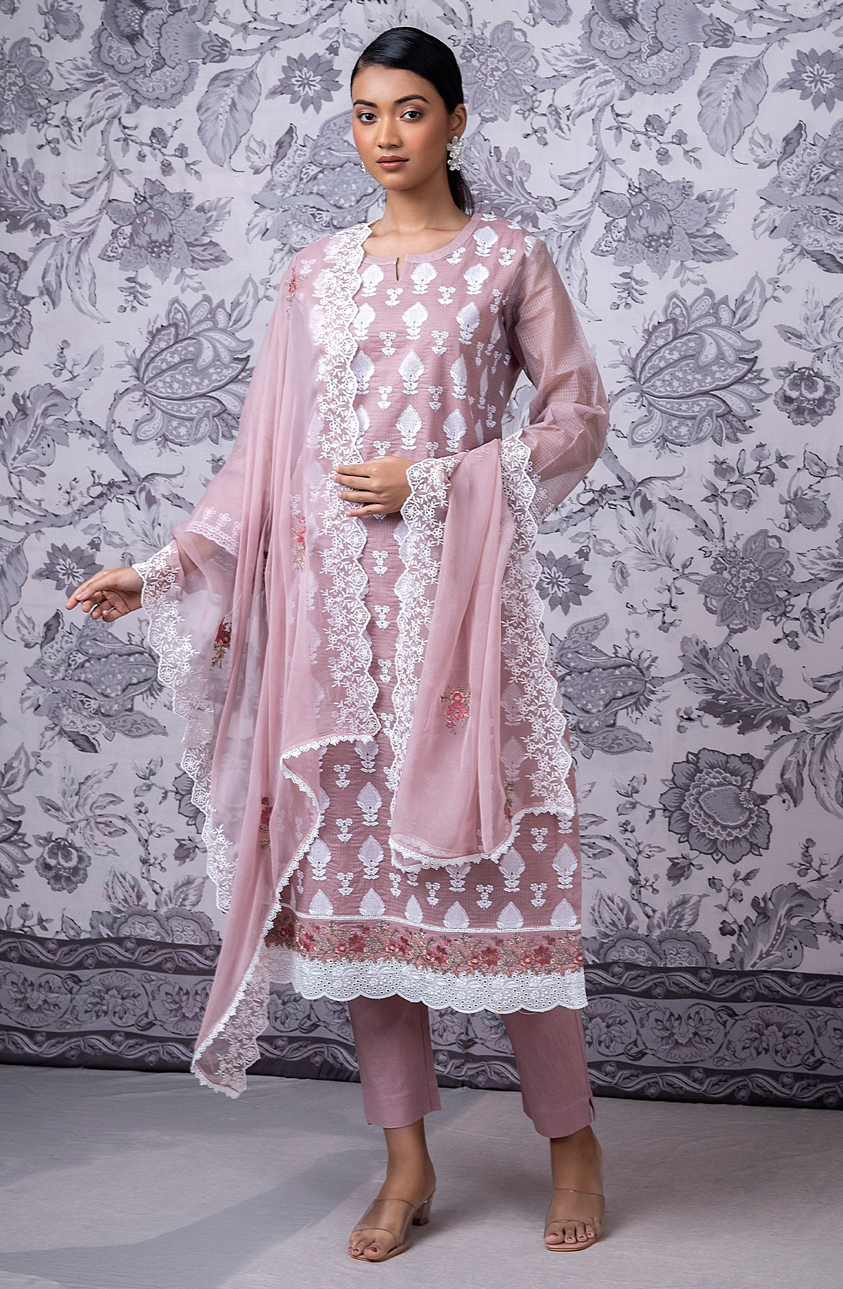 Mauve Kota Beautiful Chikankari Embroidered Unstitched Suit with Chiffon Dupatta - KAM2269C