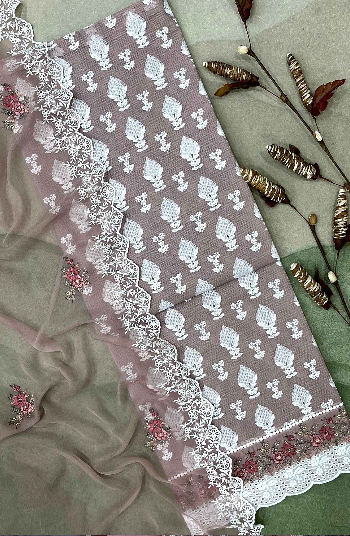Mauve Kota Beautiful Chikankari Embroidered Unstitched Suit with Chiffon Dupatta - KAM2269C