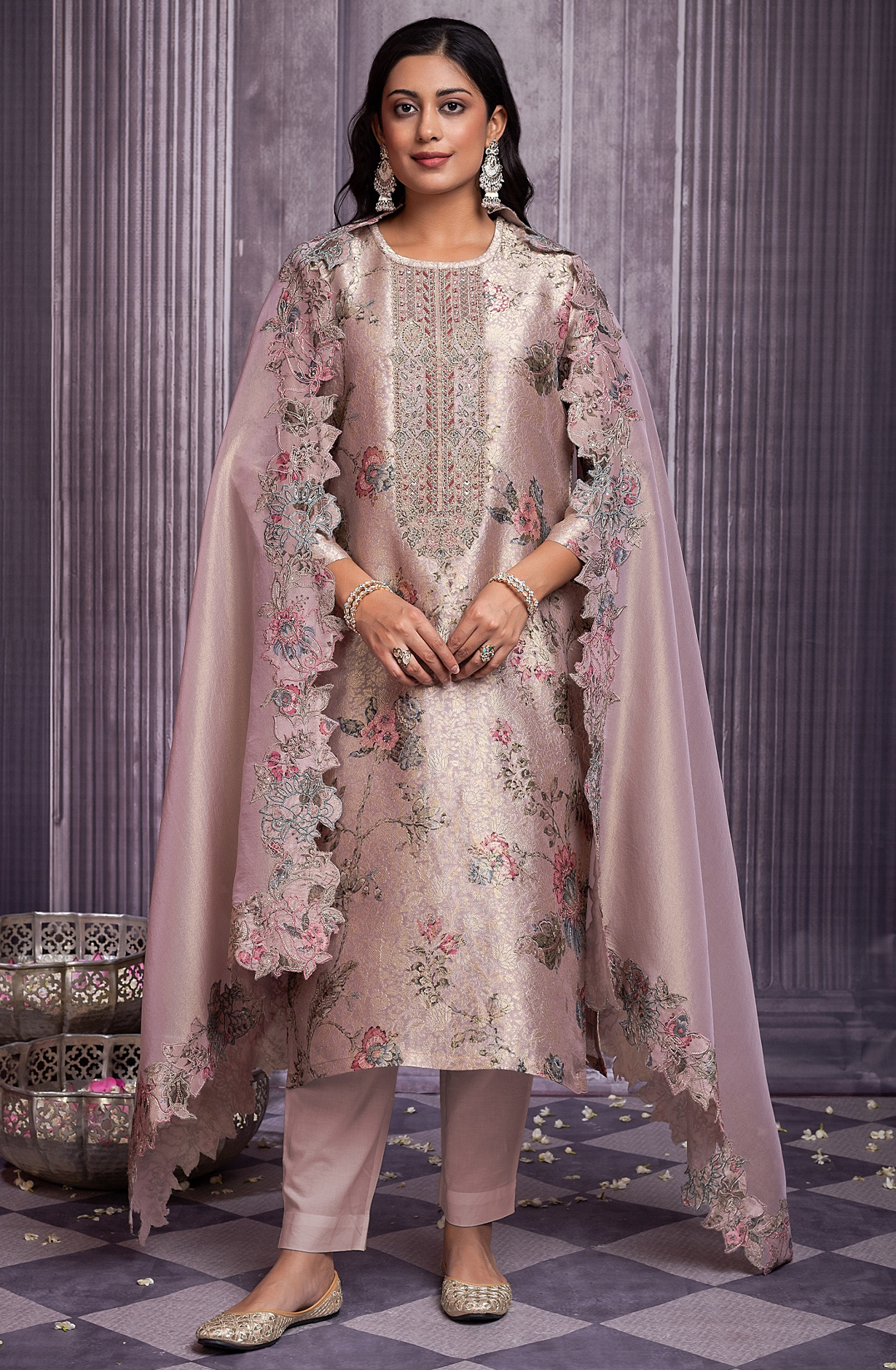 Mauve Pure Zari jaq with digital print embroidery neck- KAS2270A