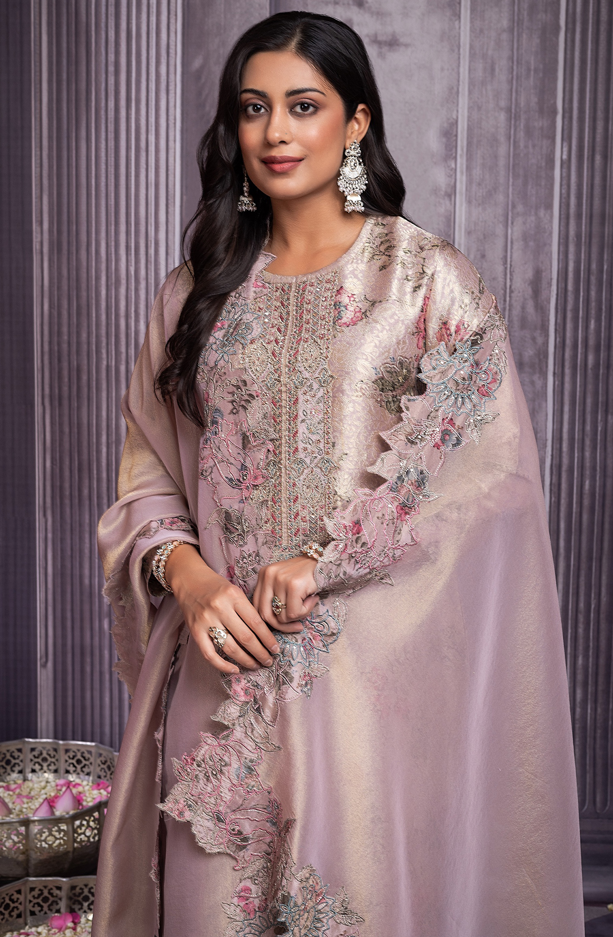 Mauve Pure Zari jaq with digital print embroidery neck- KAS2270A