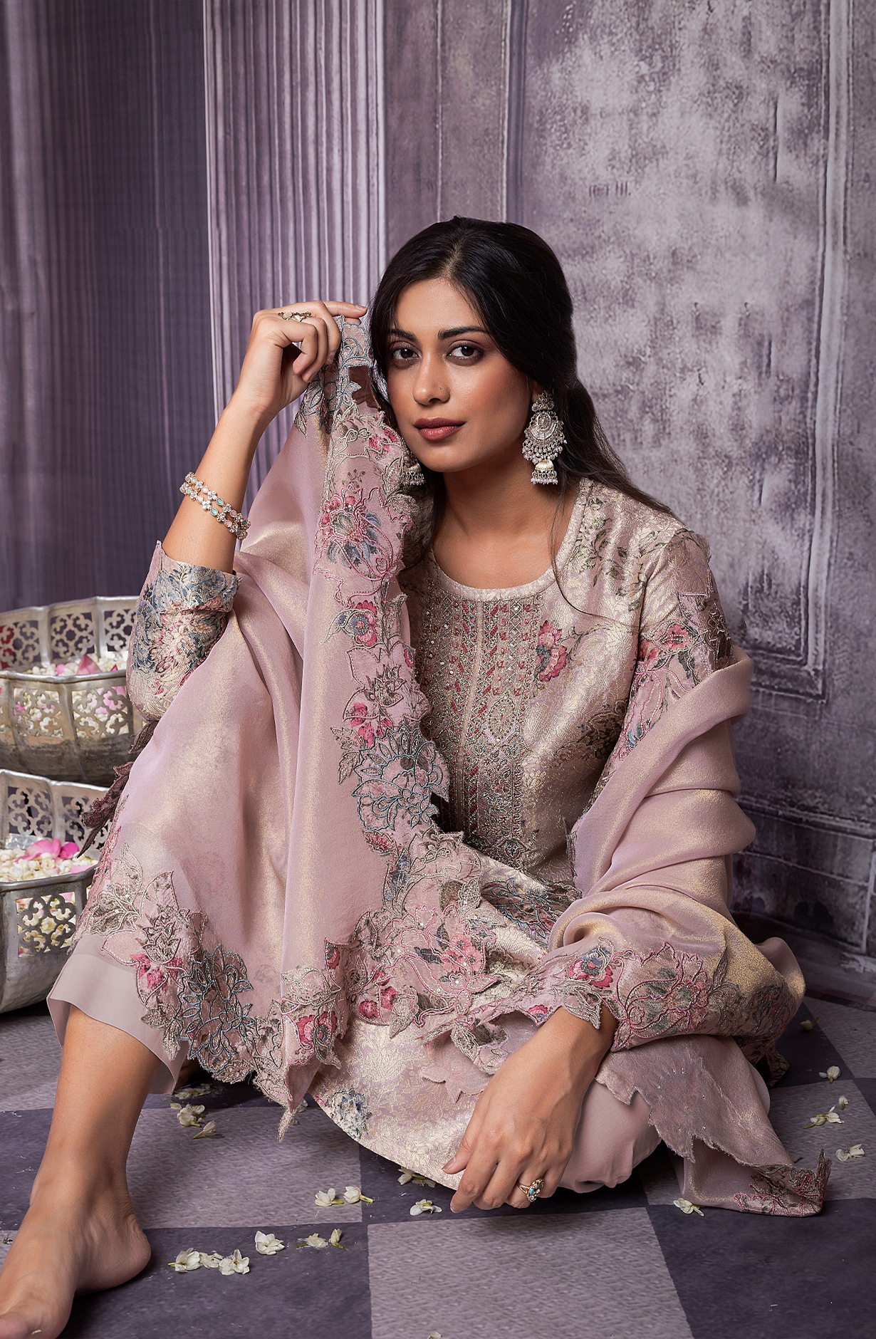 Mauve Pure Zari jaq with digital print embroidery neck- KAS2270A