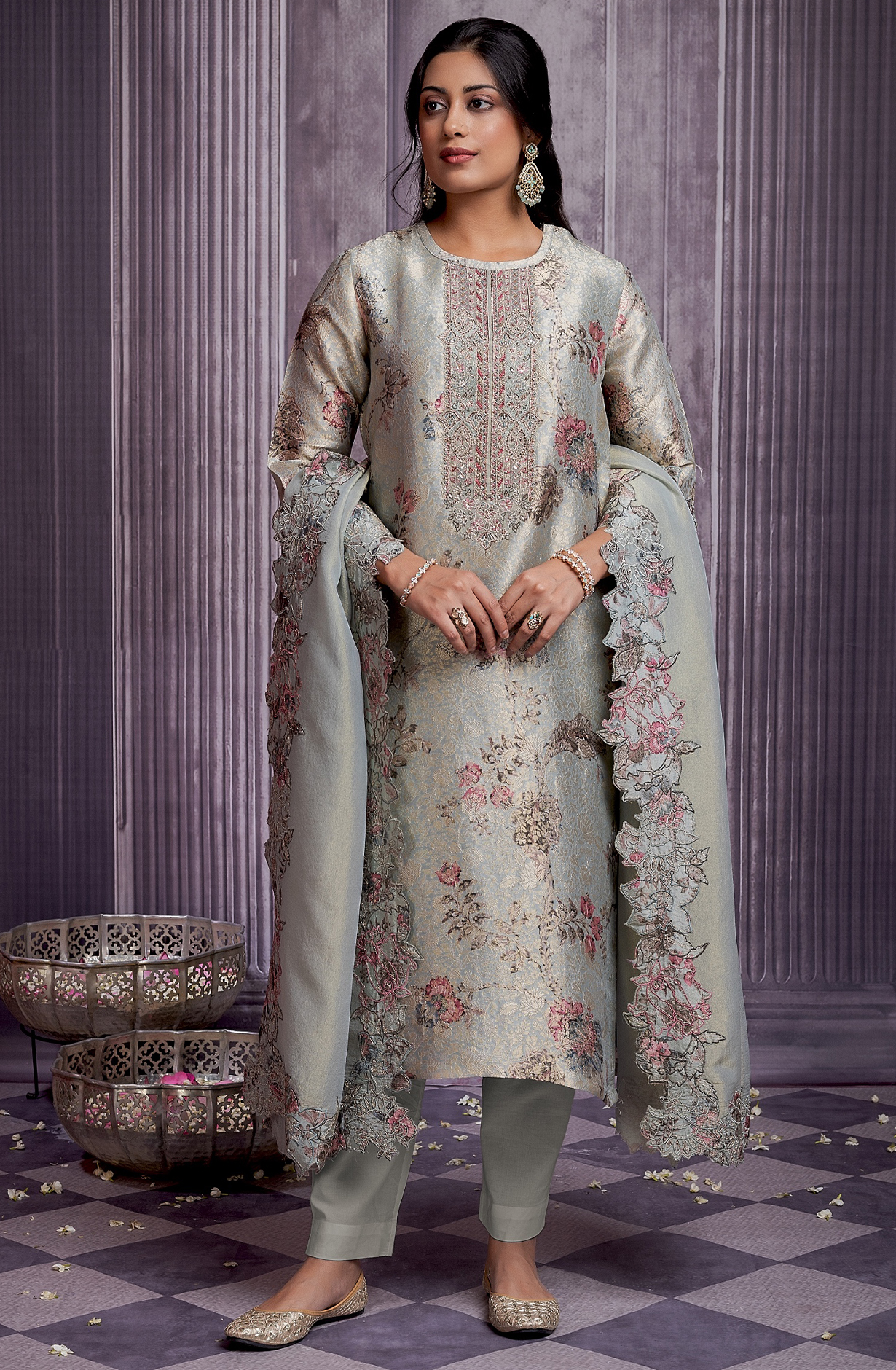 Sea Green Pure Zari jaq with digital print embroidery neck- KAS2270B
