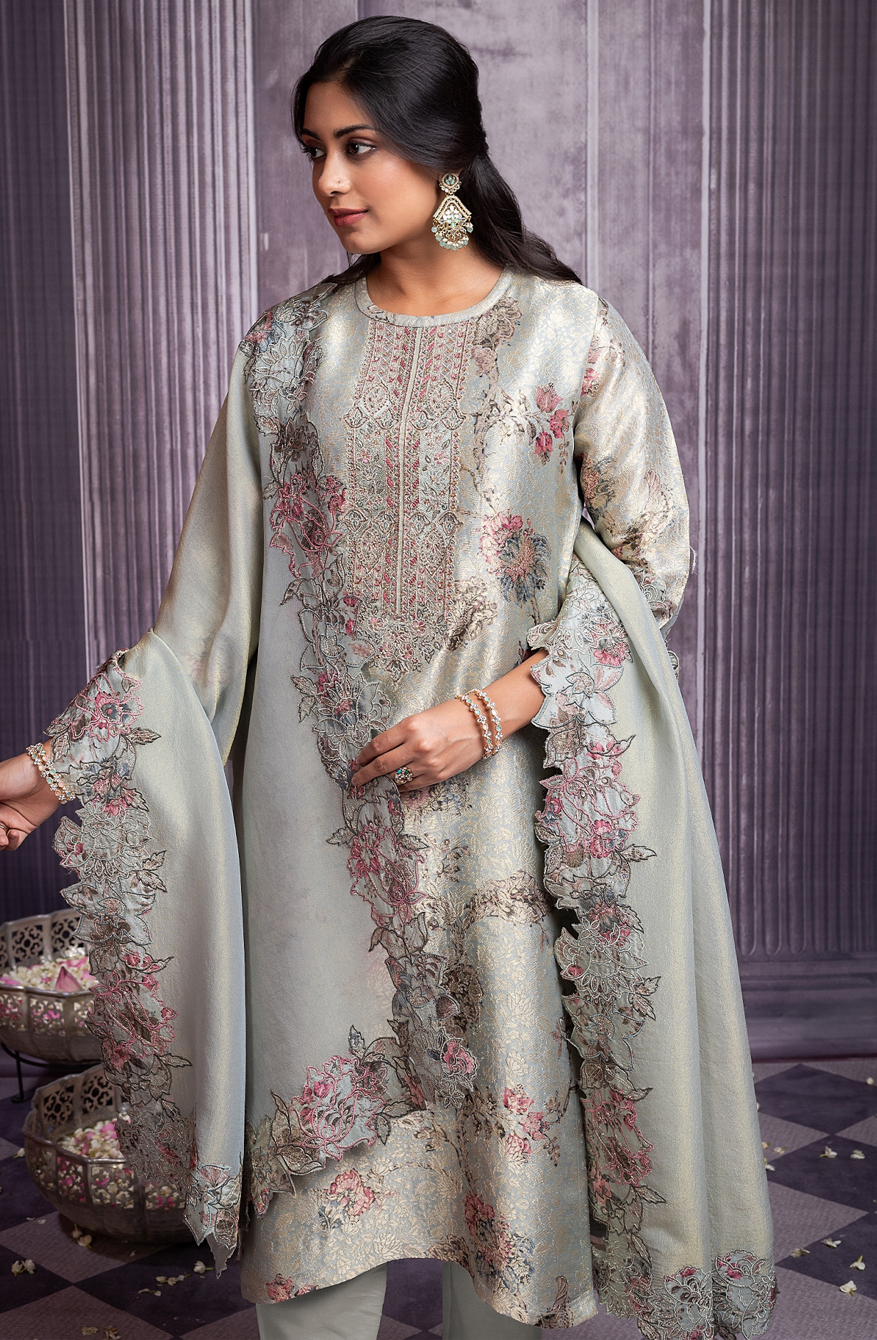 Sea Green Pure Zari jaq with digital print  embroidery neck- KAS2270B