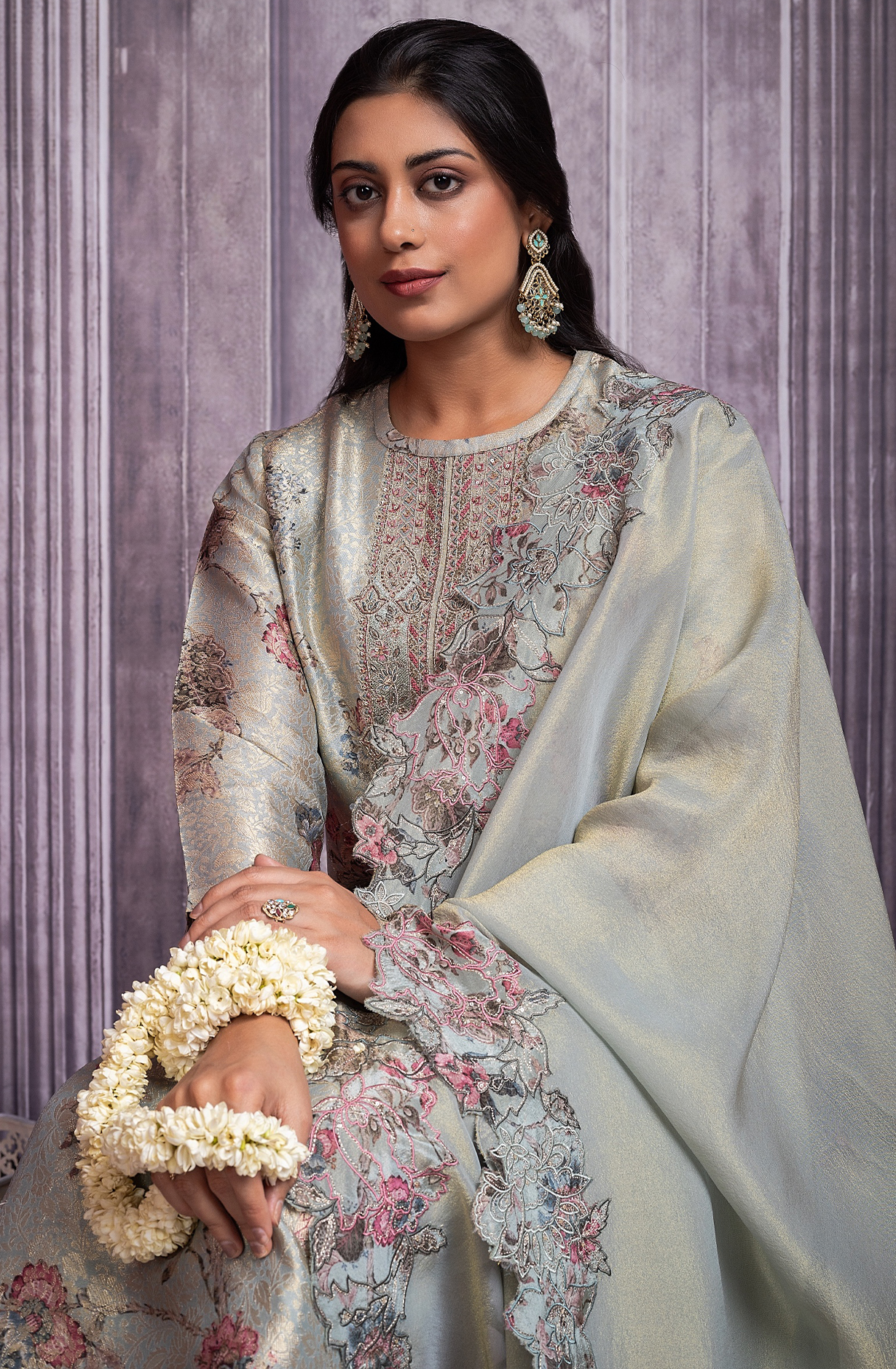 Sea Green Pure Zari jaq with digital print embroidery neck- KAS2270B